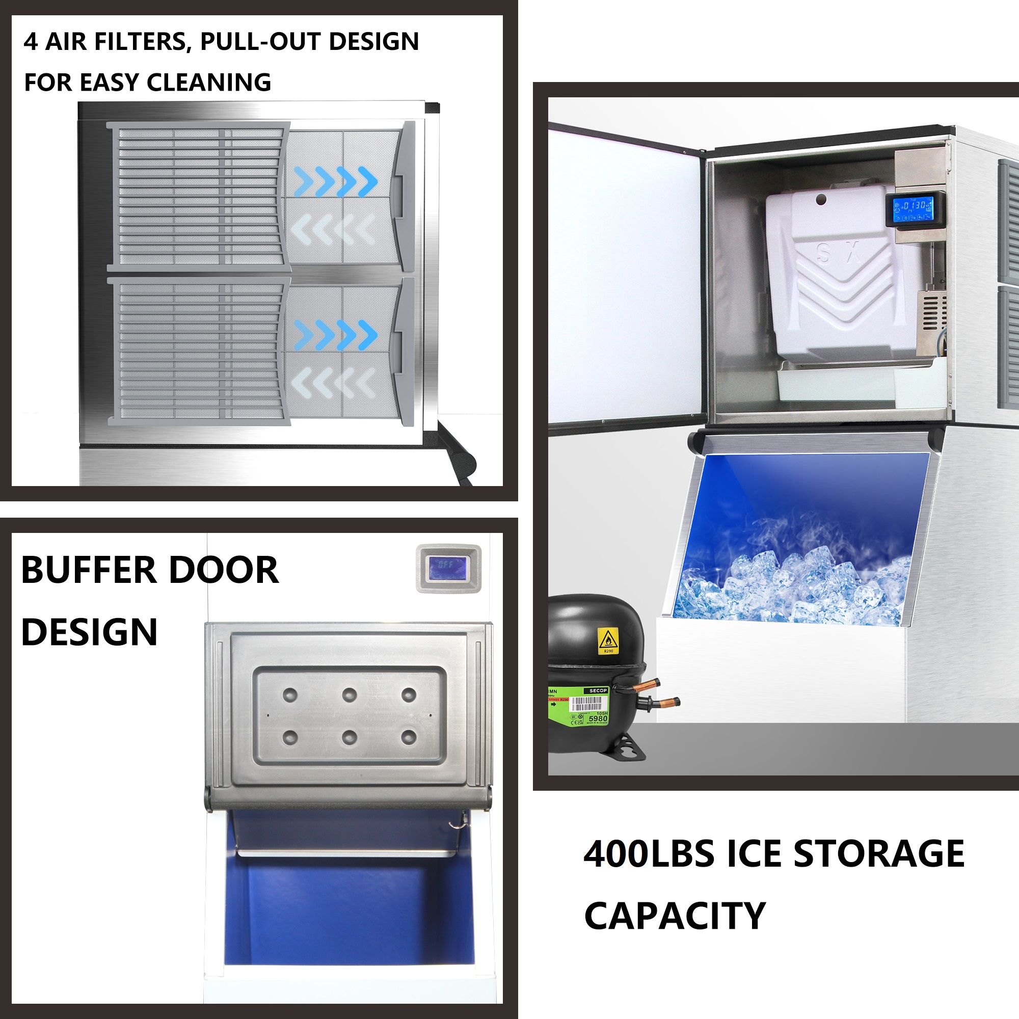 PAKROMAN 500LBS/24h Commercial Ice Maker Undercounter Freestand