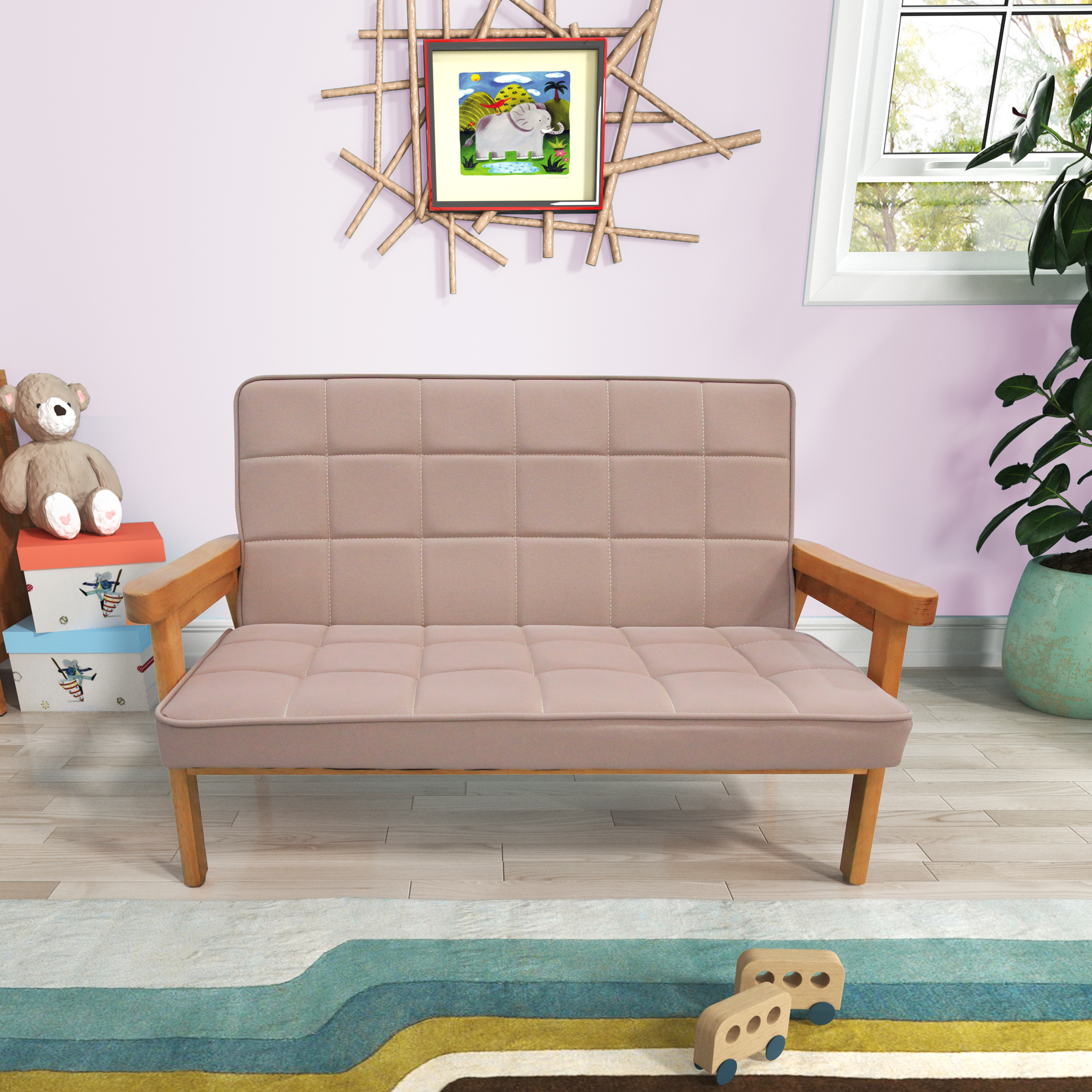 Microfibres fabric upholstered children leisure sofa with wood armrest-CASAINC