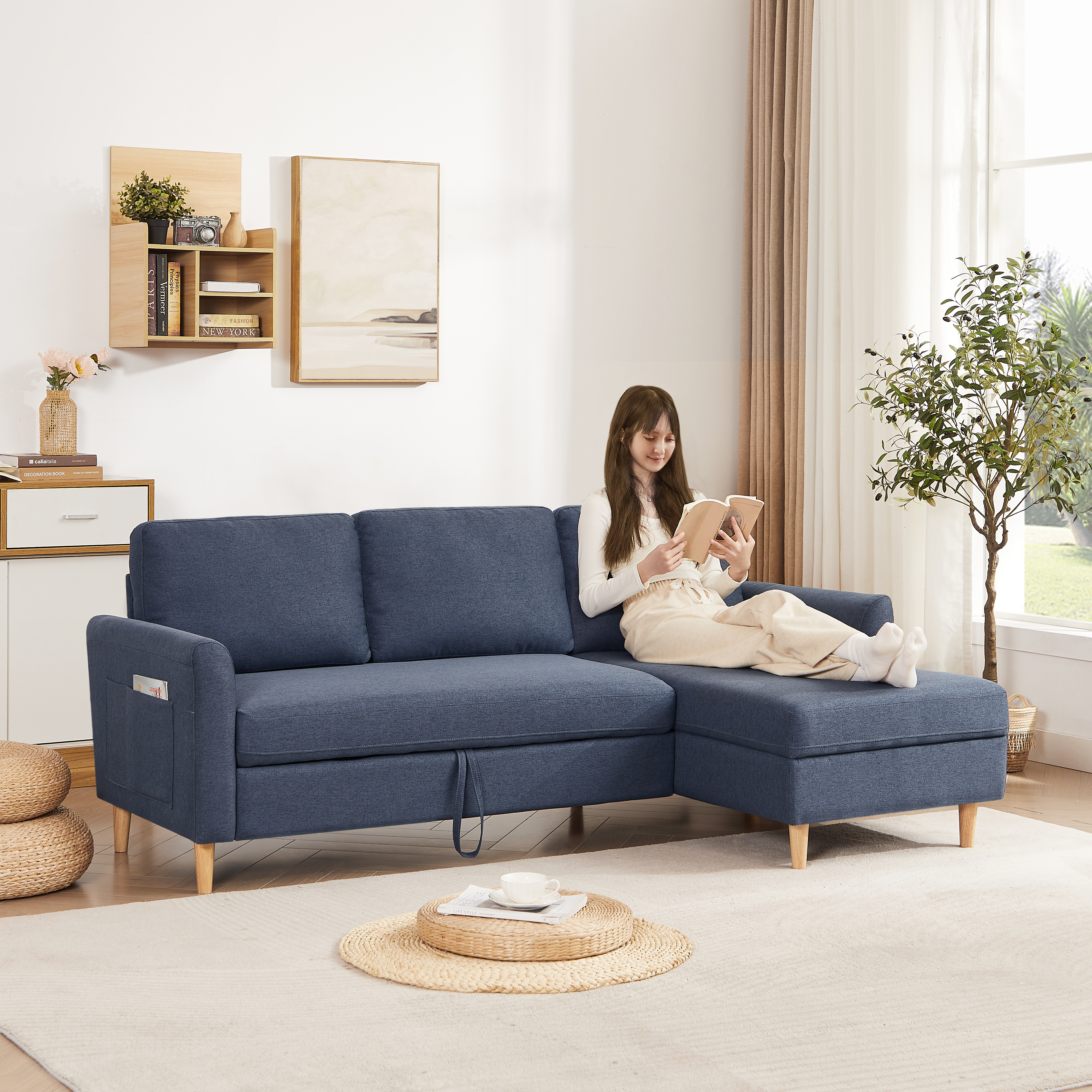 2 seater sofa + Chaise  ソファ 2人掛け 収納付き  ファブリック 両側に肘掛け付き 木脚外し可能 ローソファ コンパクト ひとり暮らし  カウチソファー Blue Grey   W1082S00082