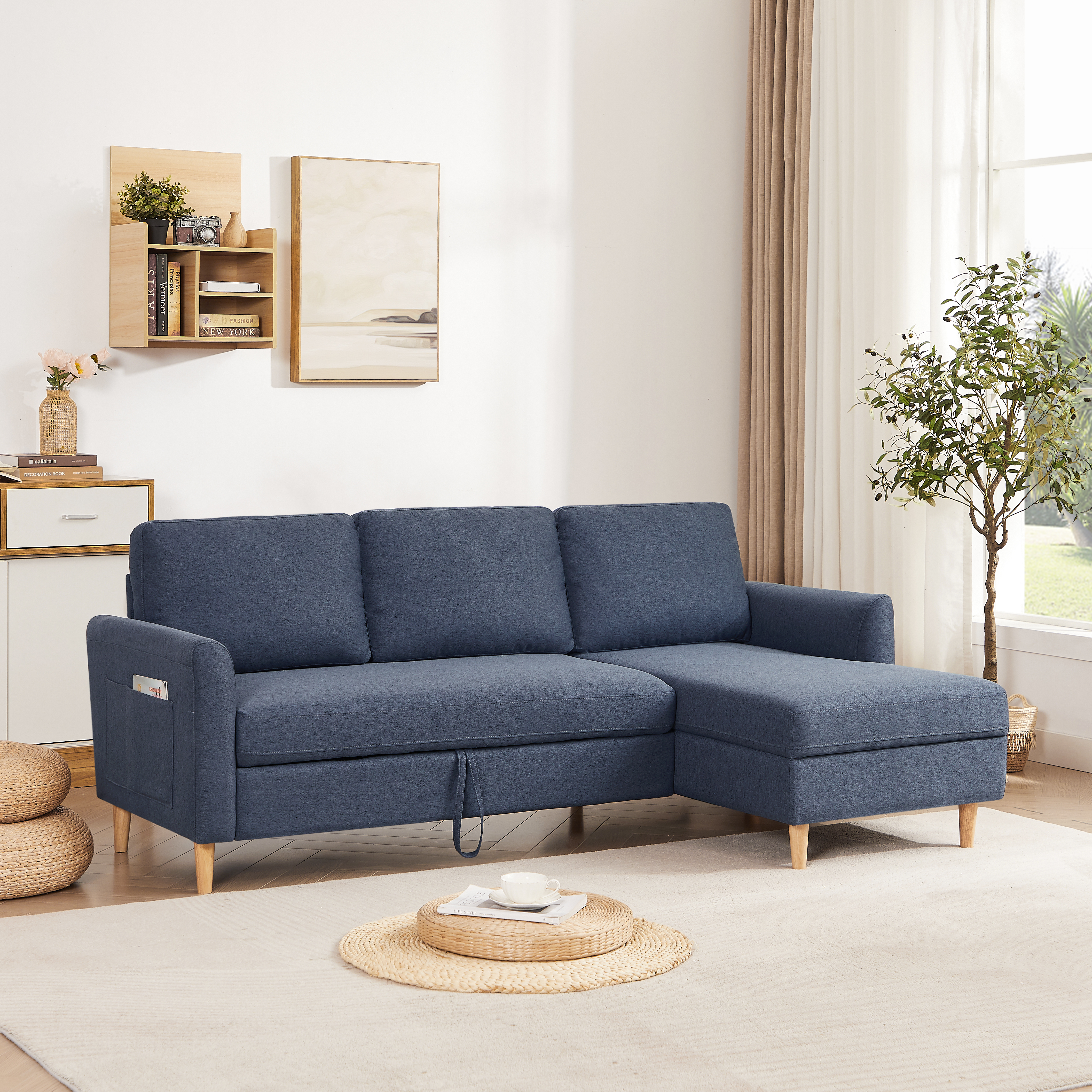 2 seater sofa + Chaise  ソファ 2人掛け 収納付き  ファブリック 両側に肘掛け付き 木脚外し可能 ローソファ コンパクト ひとり暮らし  カウチソファー Blue Grey   W1082S00082