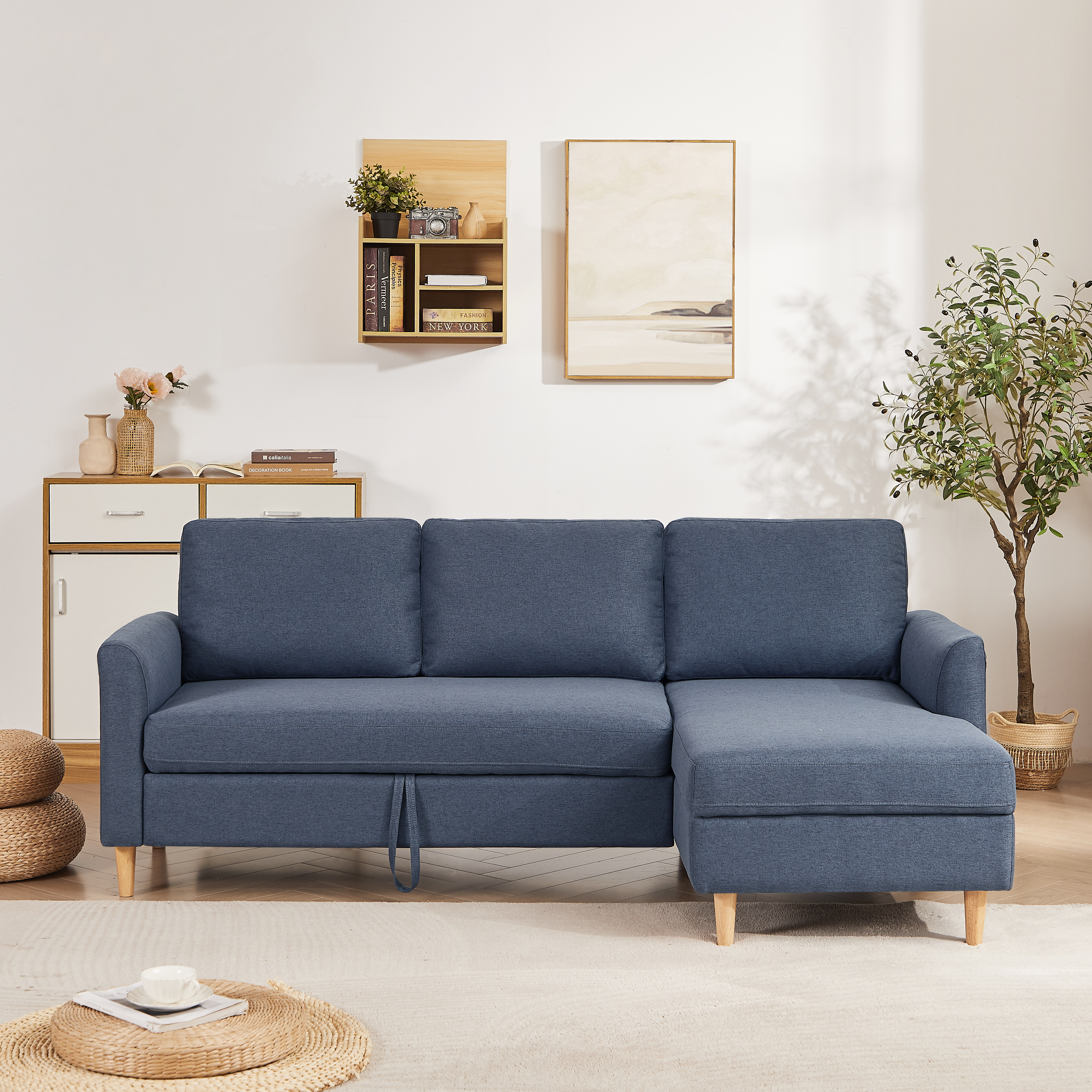 2 seater sofa + Chaise  ソファ 2人掛け 収納付き  ファブリック 両側に肘掛け付き 木脚外し可能 ローソファ コンパクト ひとり暮らし  カウチソファー Blue Grey   W1082S00082