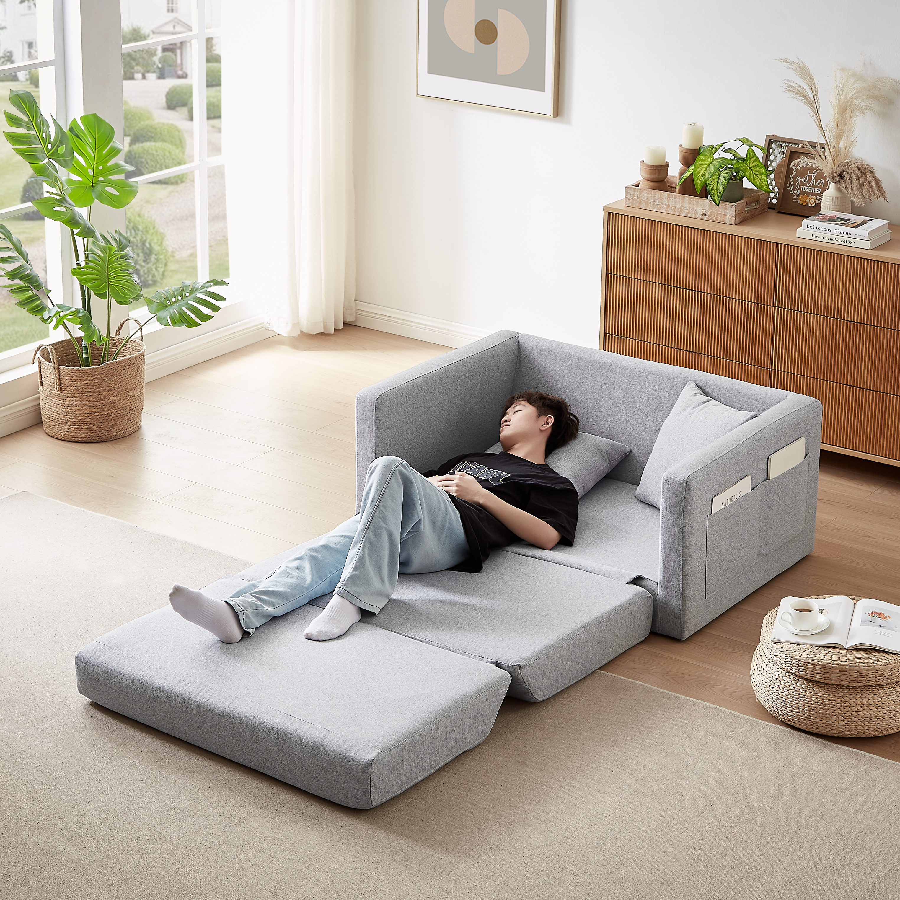 2 seater sofa ソファ 2人掛け 収納付き  ファブリック 両側に肘掛け付き 木脚外し可能 ローソファ コンパクト ひとり暮らし  カウチソファー  W1082P151240