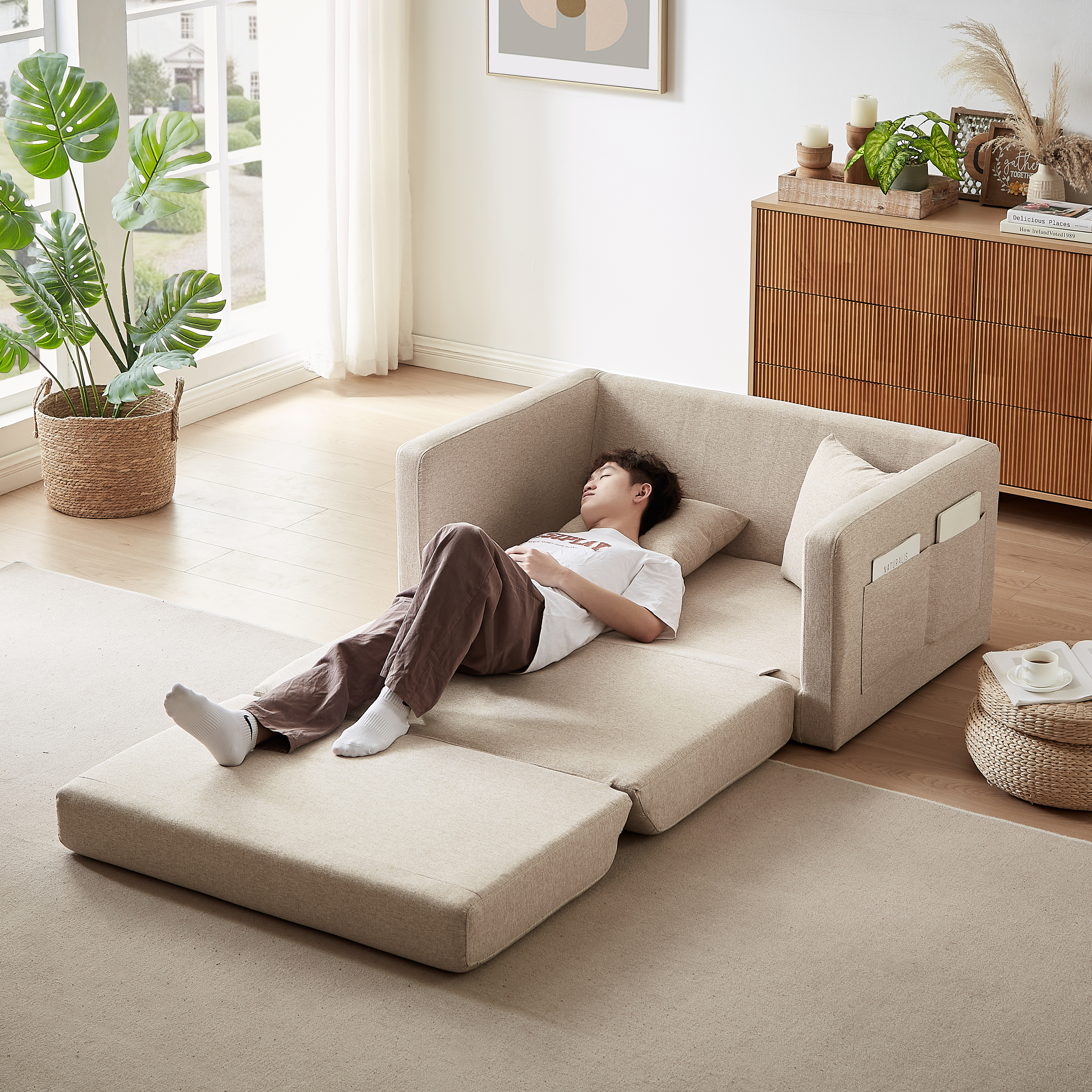 2 seater sofa ソファ 2人掛け 収納付き  ファブリック 両側に肘掛け付き 木脚外し可能 ローソファ コンパクト ひとり暮らし  カウチソファー  W1082P151239