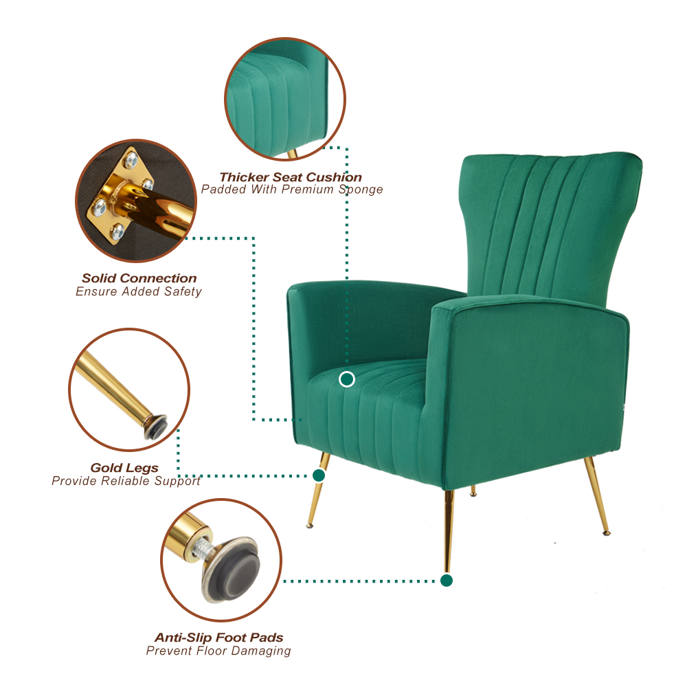 WIIS' IDEA™ Modern Velvet Armchair With Gold Metal Legs - Green