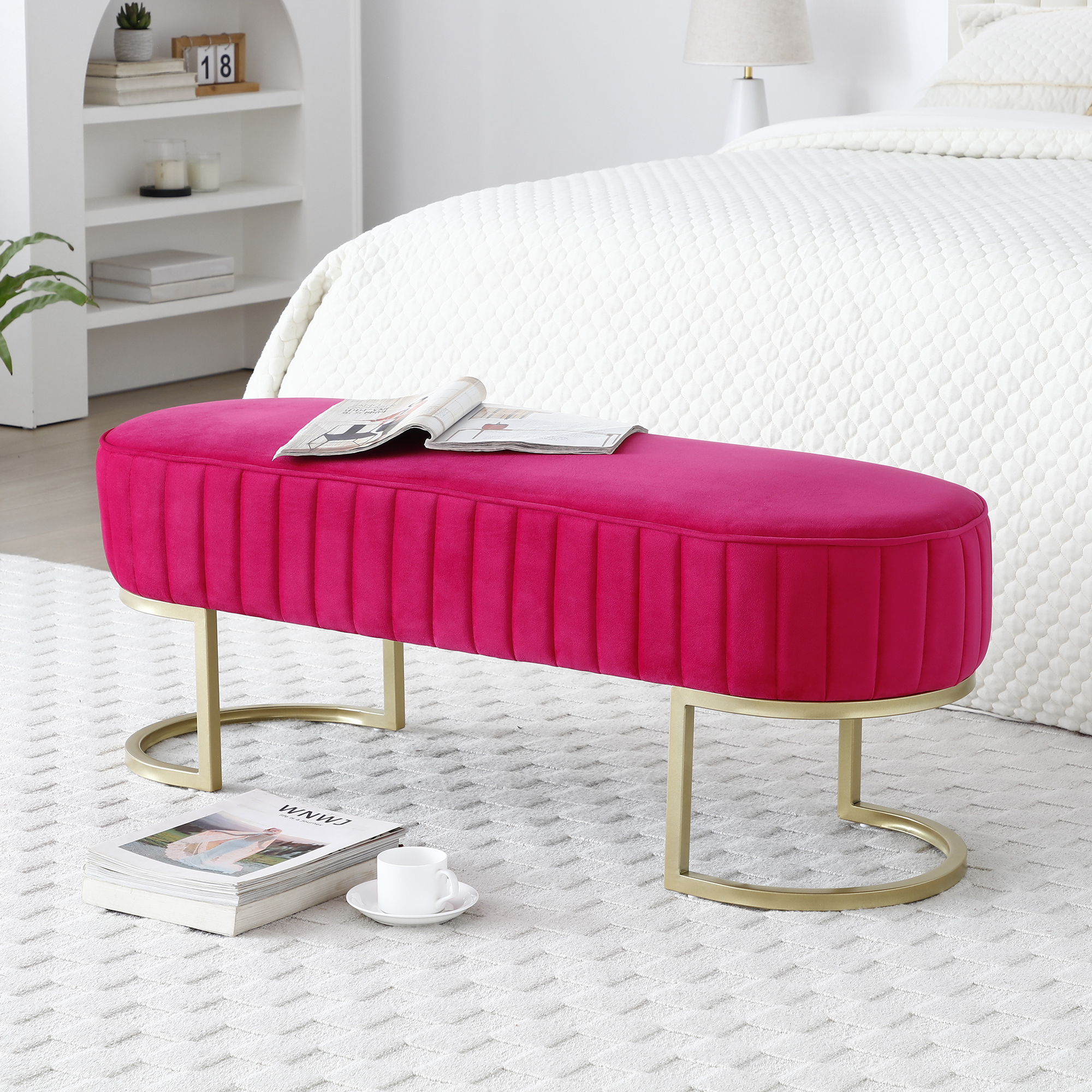 Bench Bedroom Bench ,Velvet Oval Upholstered End of Bed Bench with Golden Metal Legs ,48" Modern Storage Ottoman Bench for BedroomLiving Room,  Entryway Window ,Rose Red