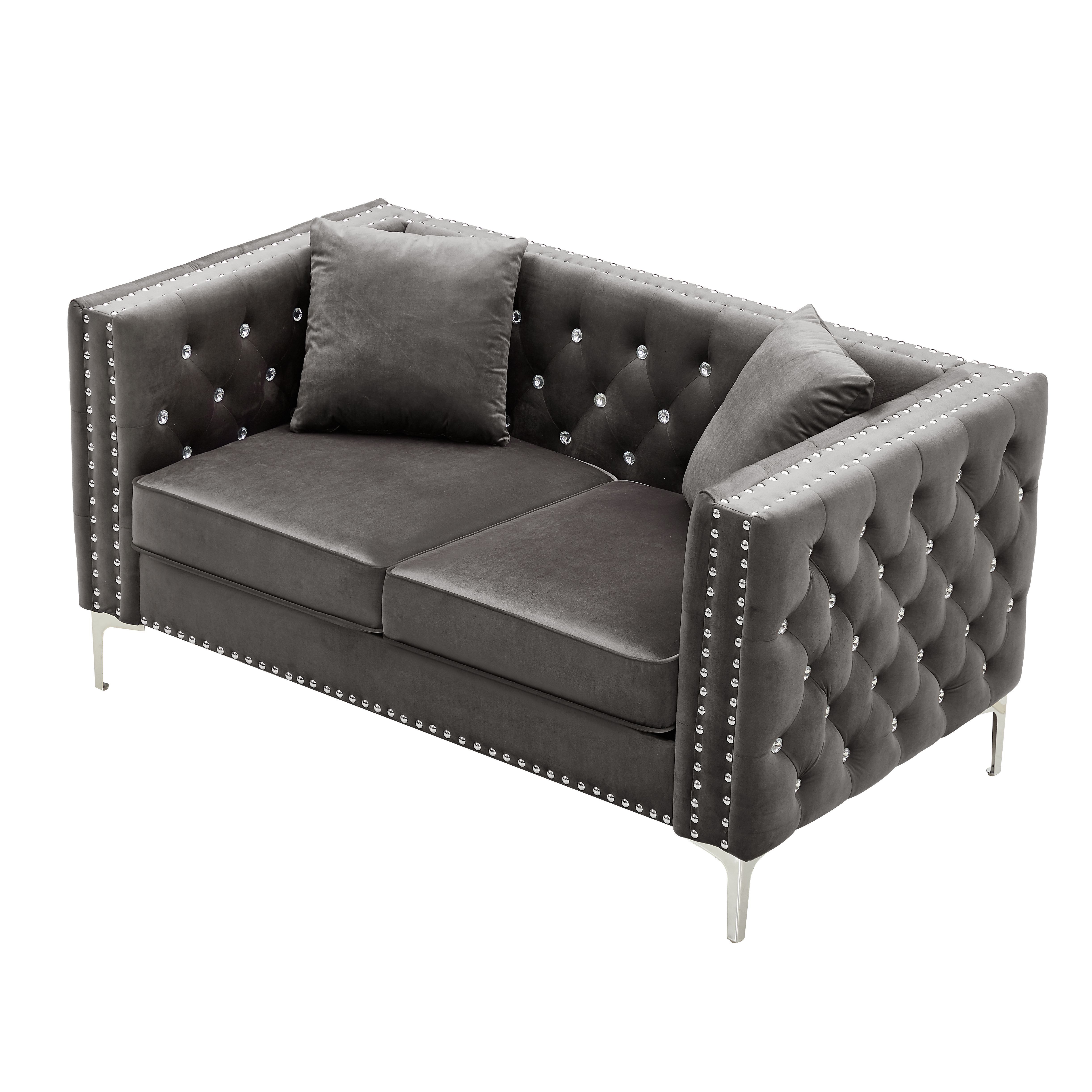 59.4 Inch Wide Grey Velvet Sofa with Jeweled buttons,Square Arm ,2 Pillow