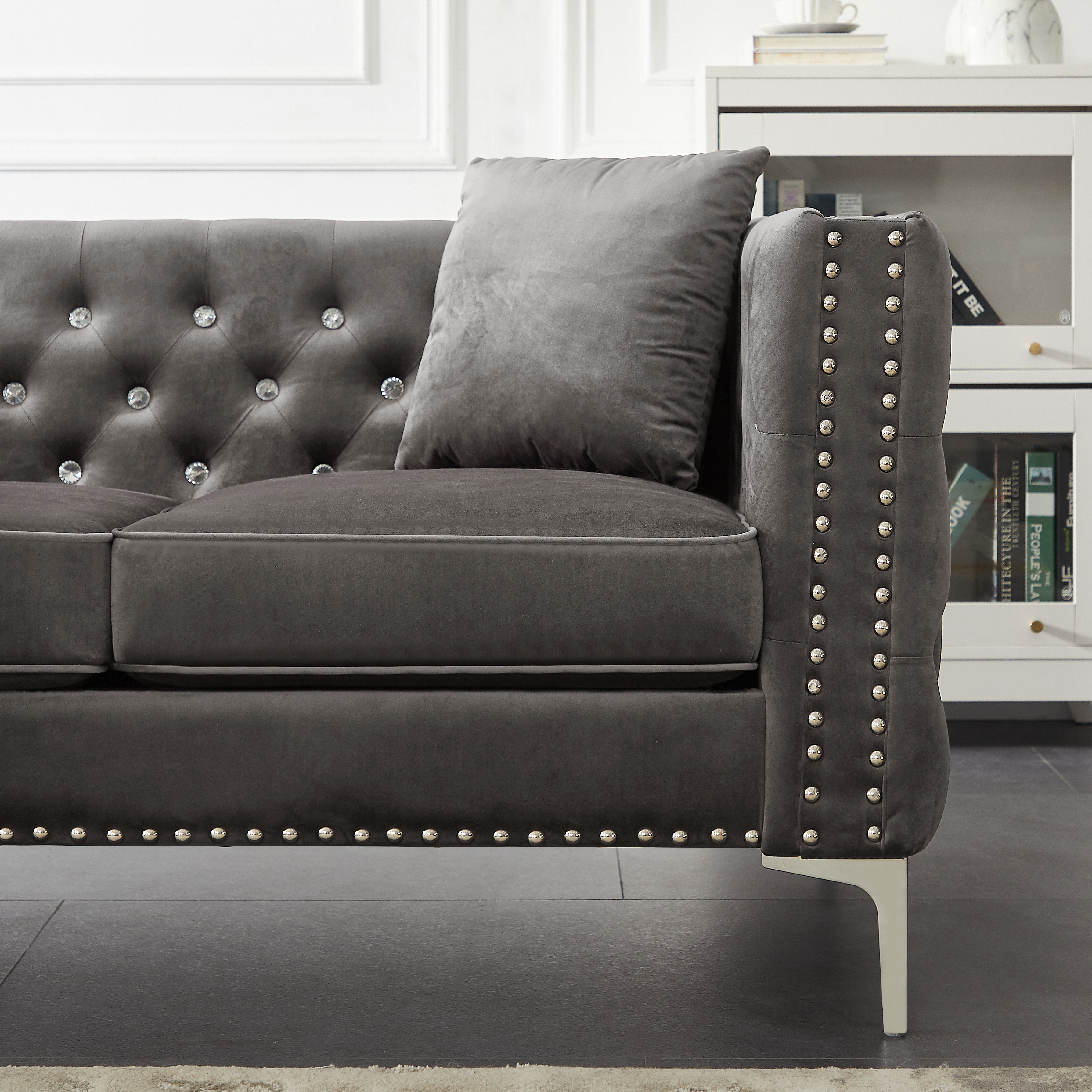 59.4 Inch Wide Grey Velvet Sofa with Jeweled buttons,Square Arm ,2 Pillow