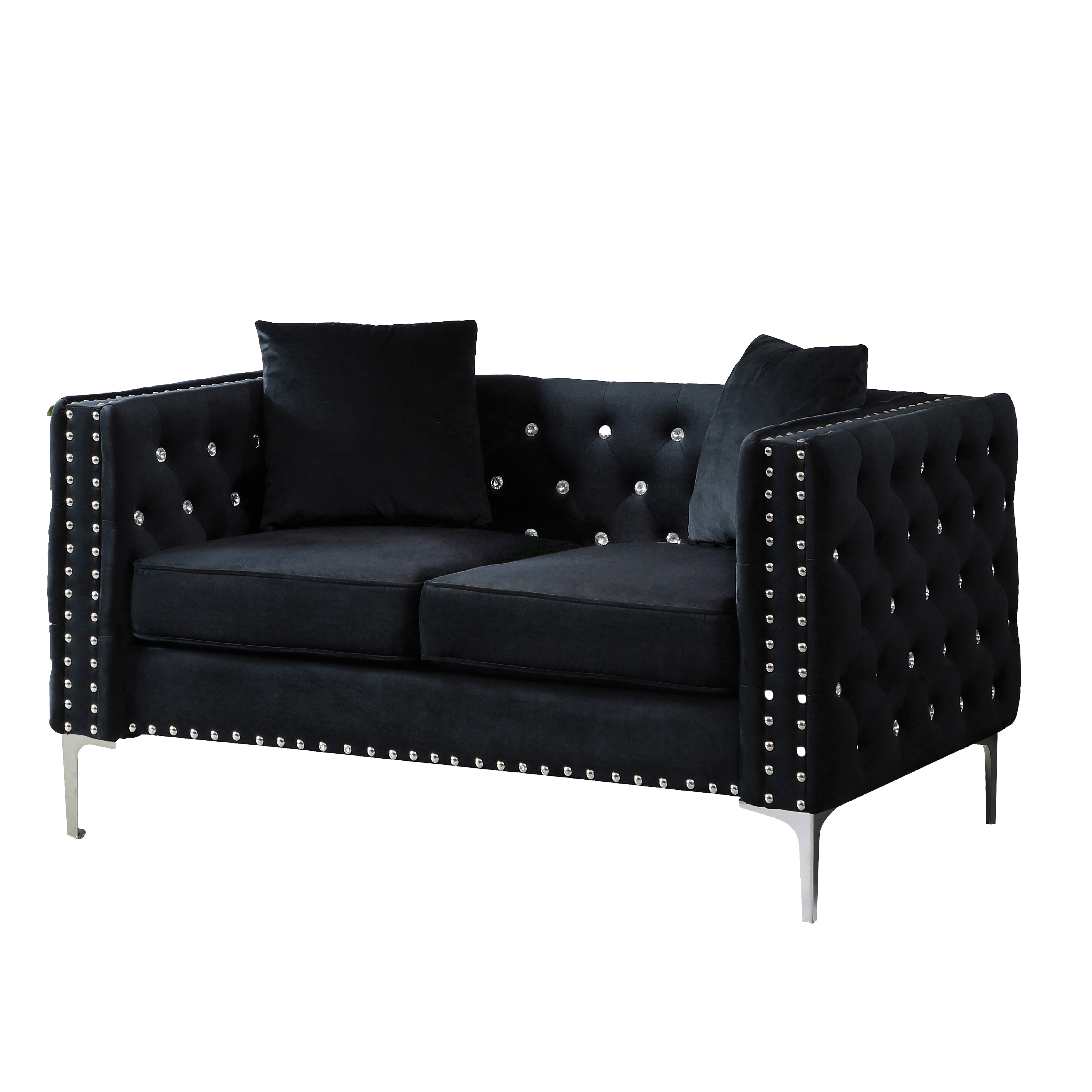 2 Piece Modern Velvet Living Room Set with Sofa and Loveseat,Jeweled Button Tufted Copper Nails Square Arms Black,4 Pillows Included