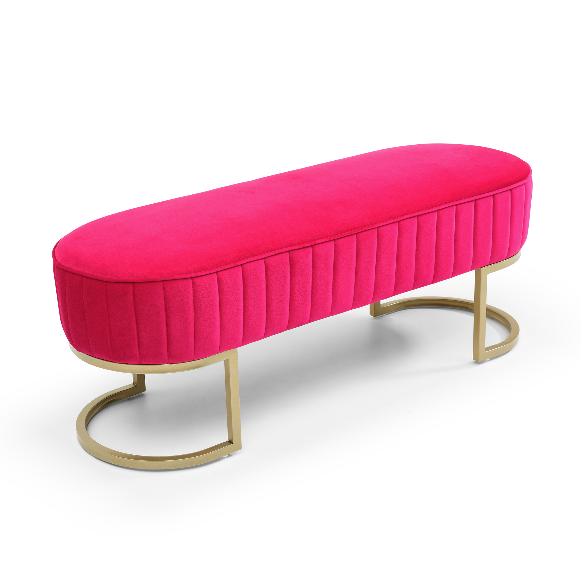 Bench Bedroom Bench ,Velvet Oval Upholstered End of Bed Bench with Golden Metal Legs ,48" Modern Storage Ottoman Bench for BedroomLiving Room,  Entryway Window ,Rose Red