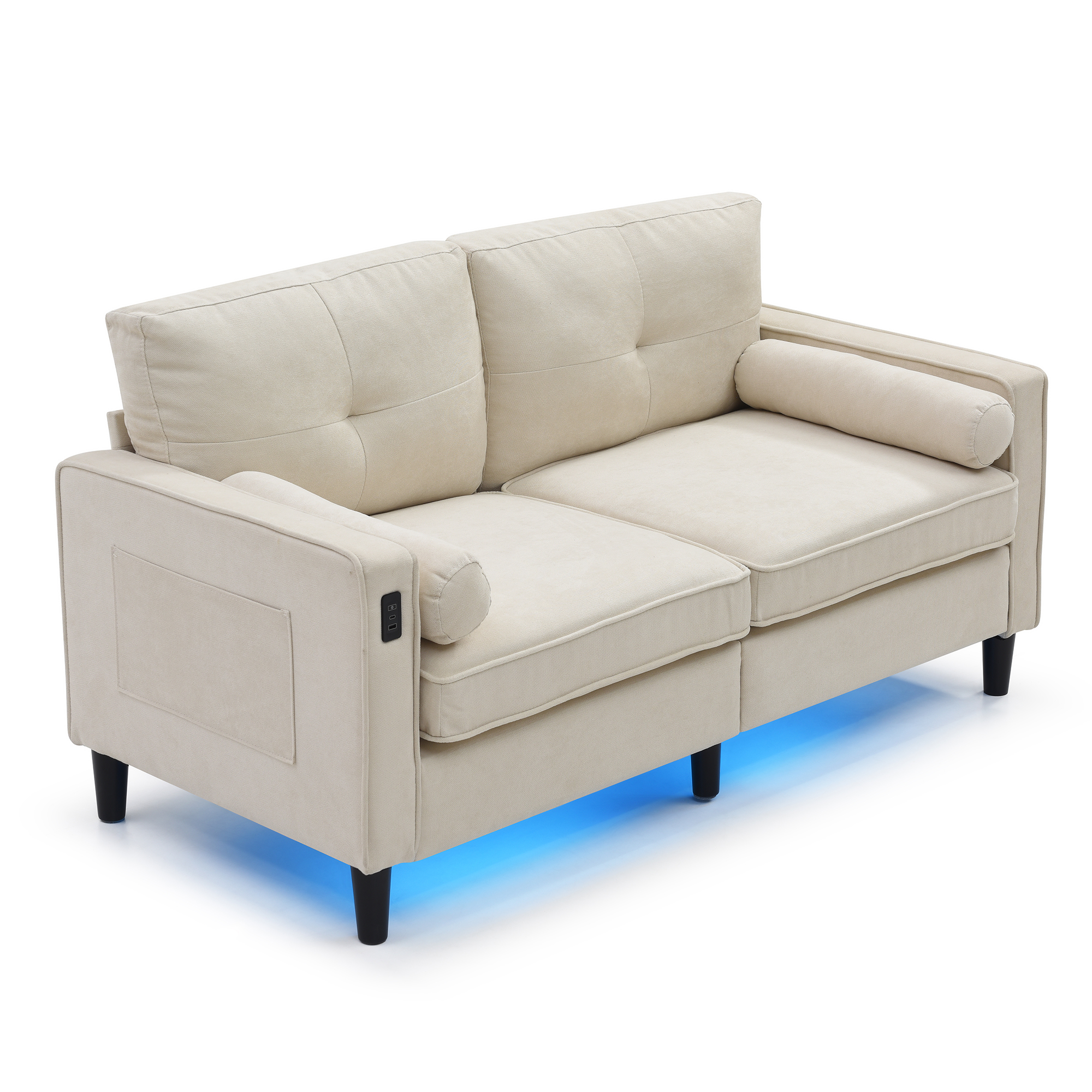 Loveseat Couch  with 2 Side Pockets, Modern Sofa  with 2 USB Ports on the Armrest,  Power Sofa and Loveseat set with LED Lights, Linen Fabric  2-Seat for Living Room, Apartment,Office, Beige, 3colors