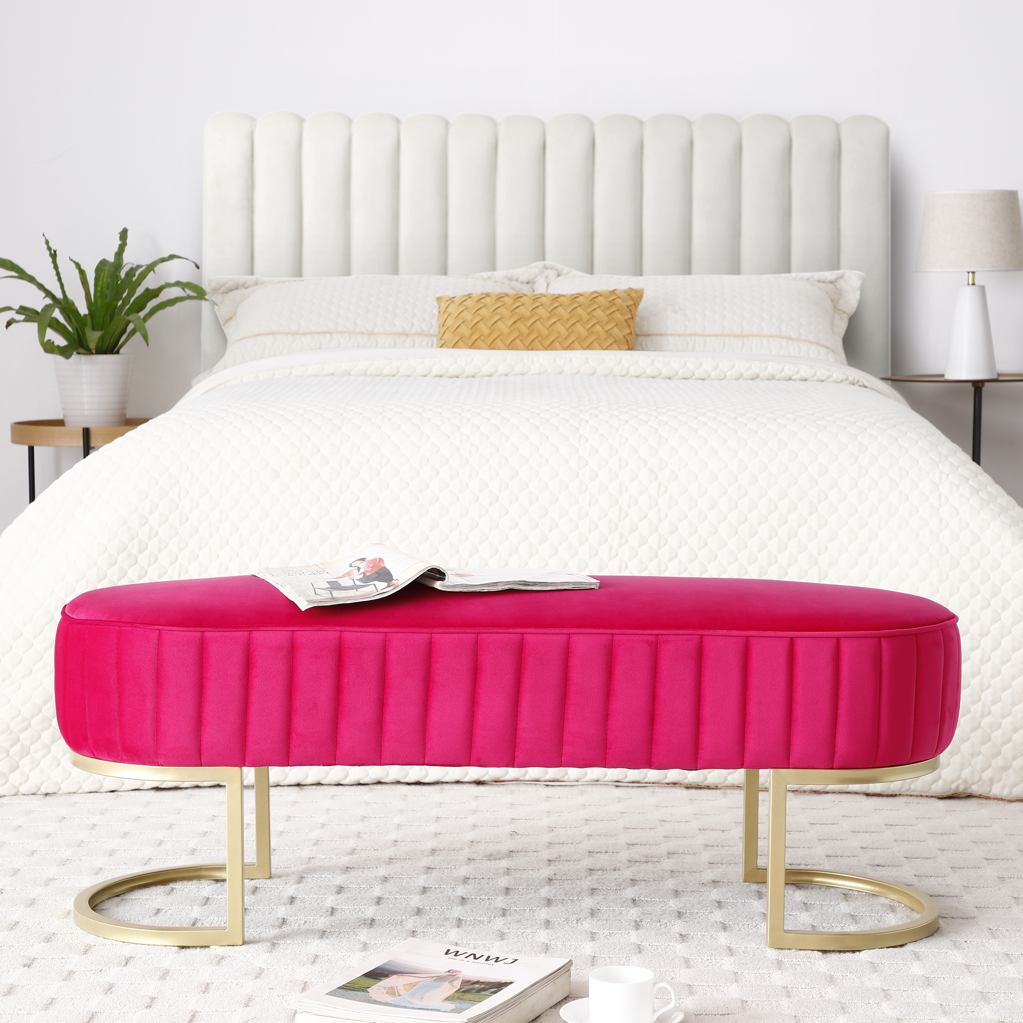 Bench Bedroom Bench ,Velvet Oval Upholstered End of Bed Bench with Golden Metal Legs ,48" Modern Storage Ottoman Bench for BedroomLiving Room,  Entryway Window ,Rose Red