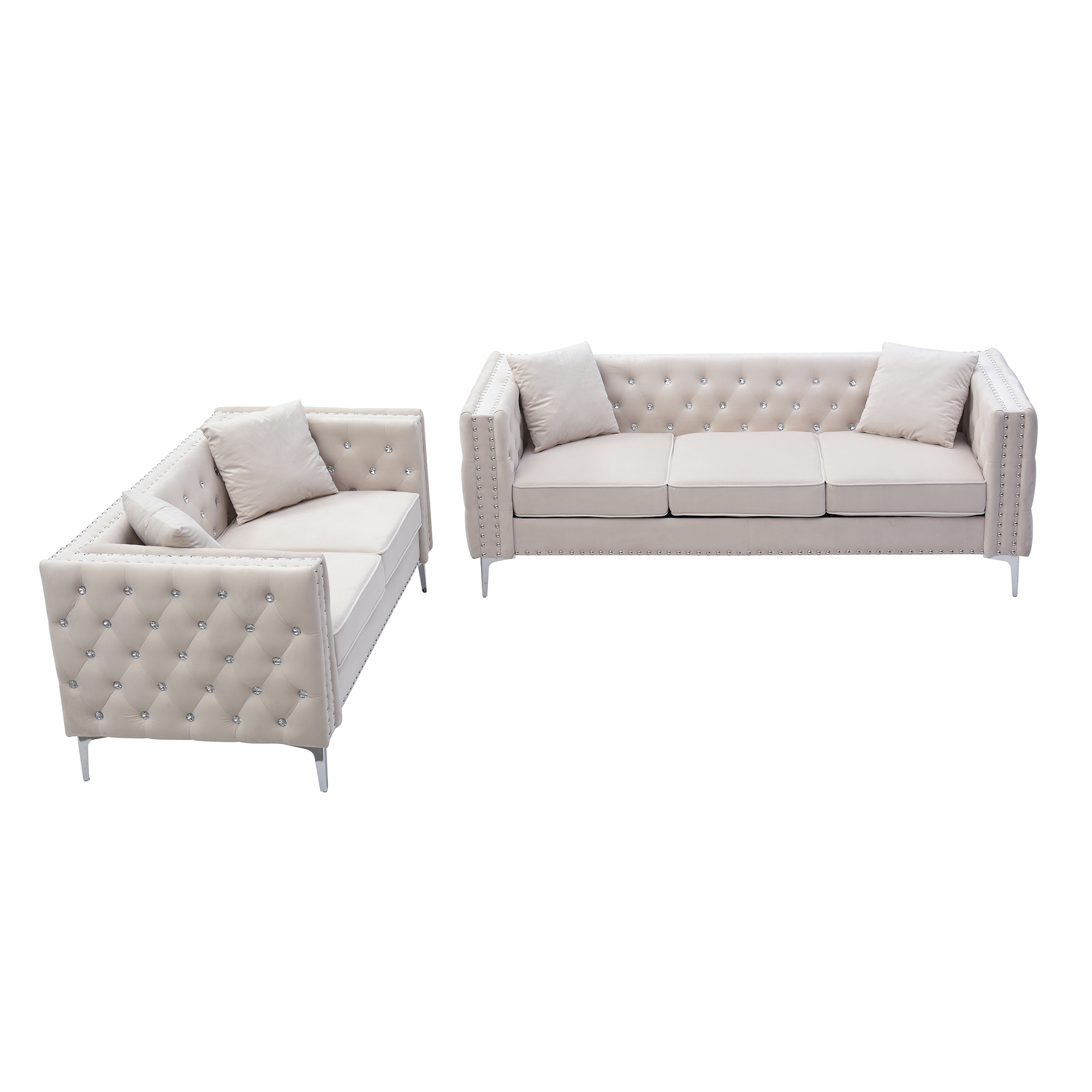 2 Piece Modern Velvet Living Room Set with Sofa and Loveseat,Jeweled Button Tufted Copper Nails Square Arms,4 Pillows Included,Beige,4 colors