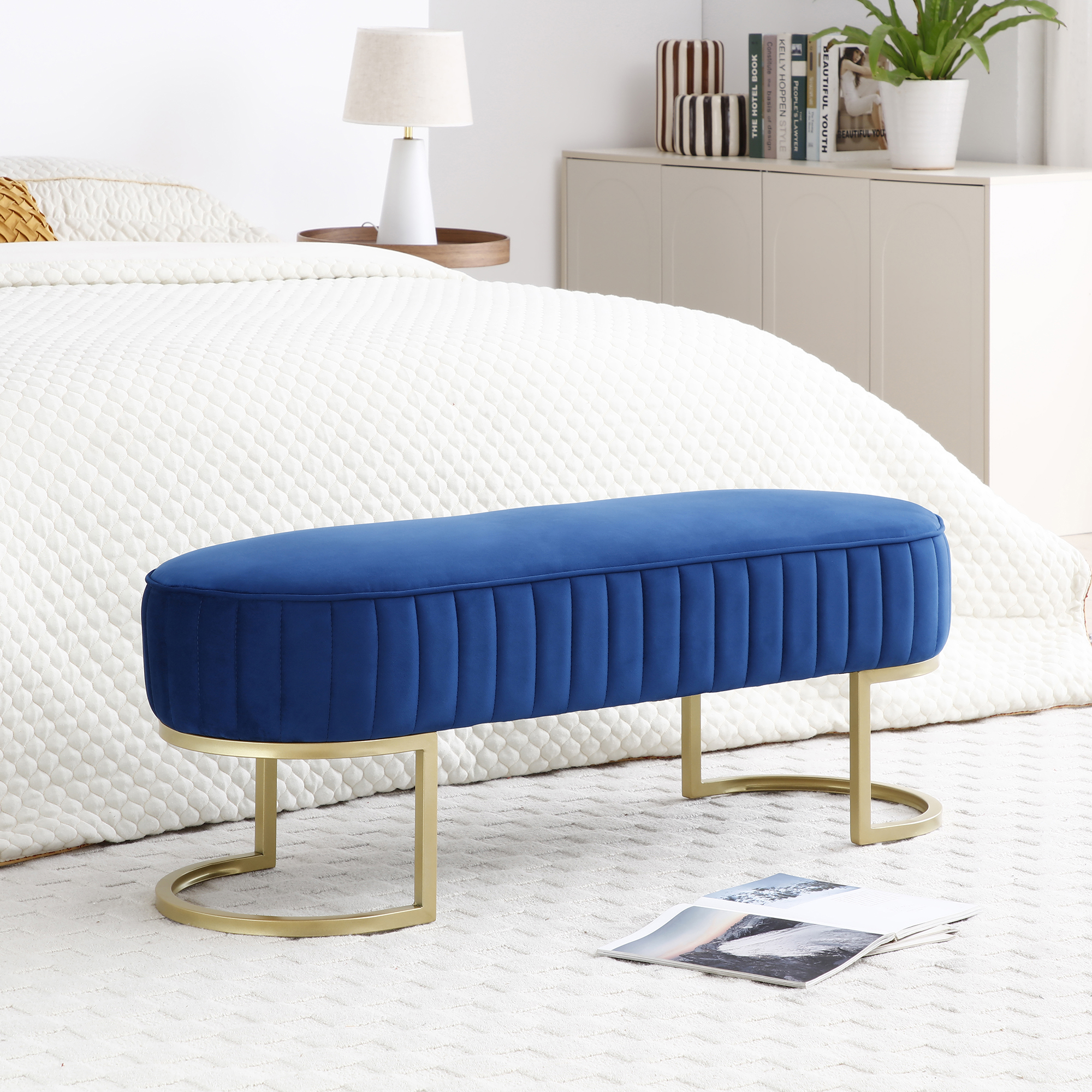 Bench Bedroom Bench ,Velvet Oval Upholstered End of Bed Bench with Golden Metal Legs ,48" Modern Storage Ottoman Bench for BedroomLiving Room,  Entryway Window ,Blue