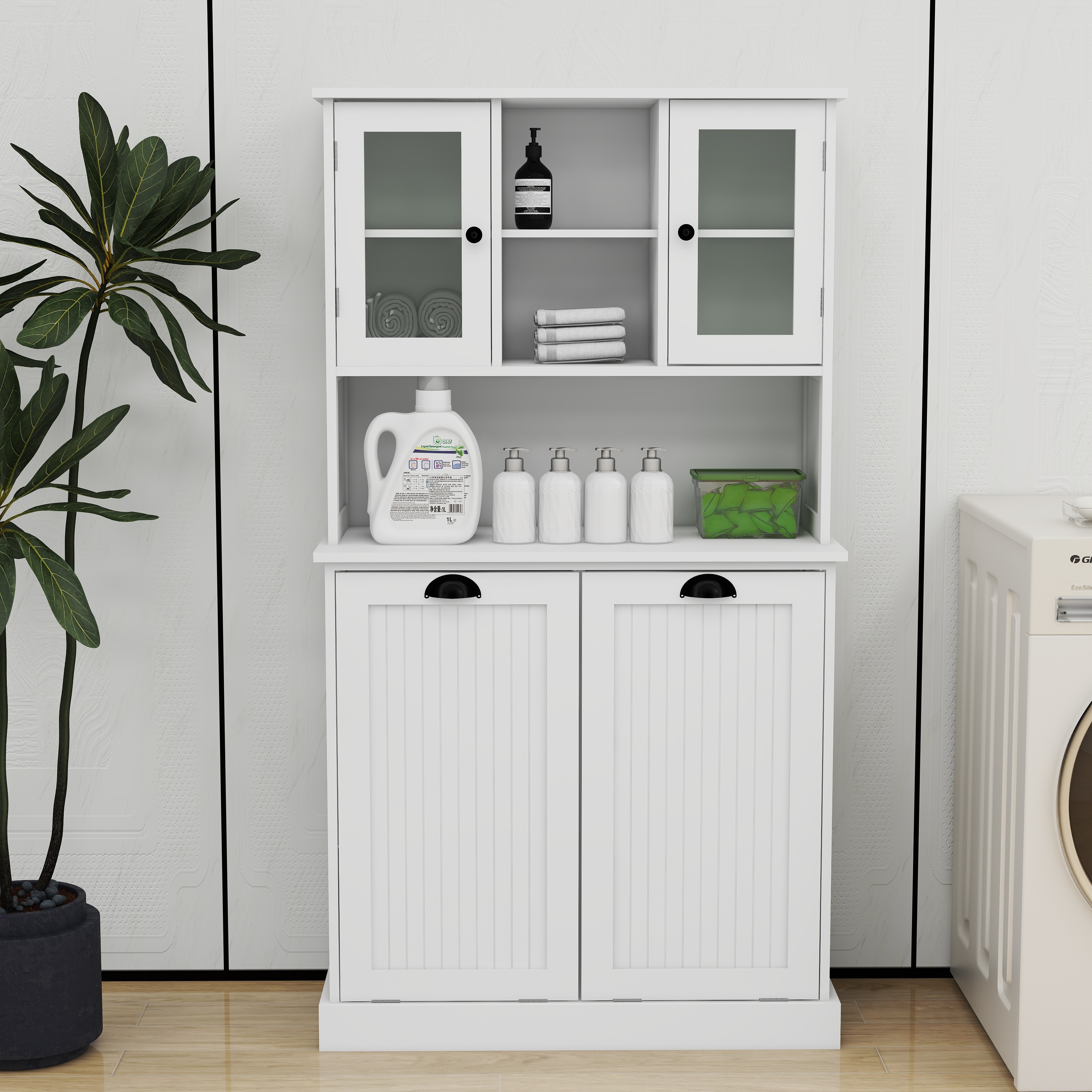 Two-Compartment Tilt-Out Dirty Laundry Basket Tall Bathroom Cabinet with 2 Adjustable Shelves-White