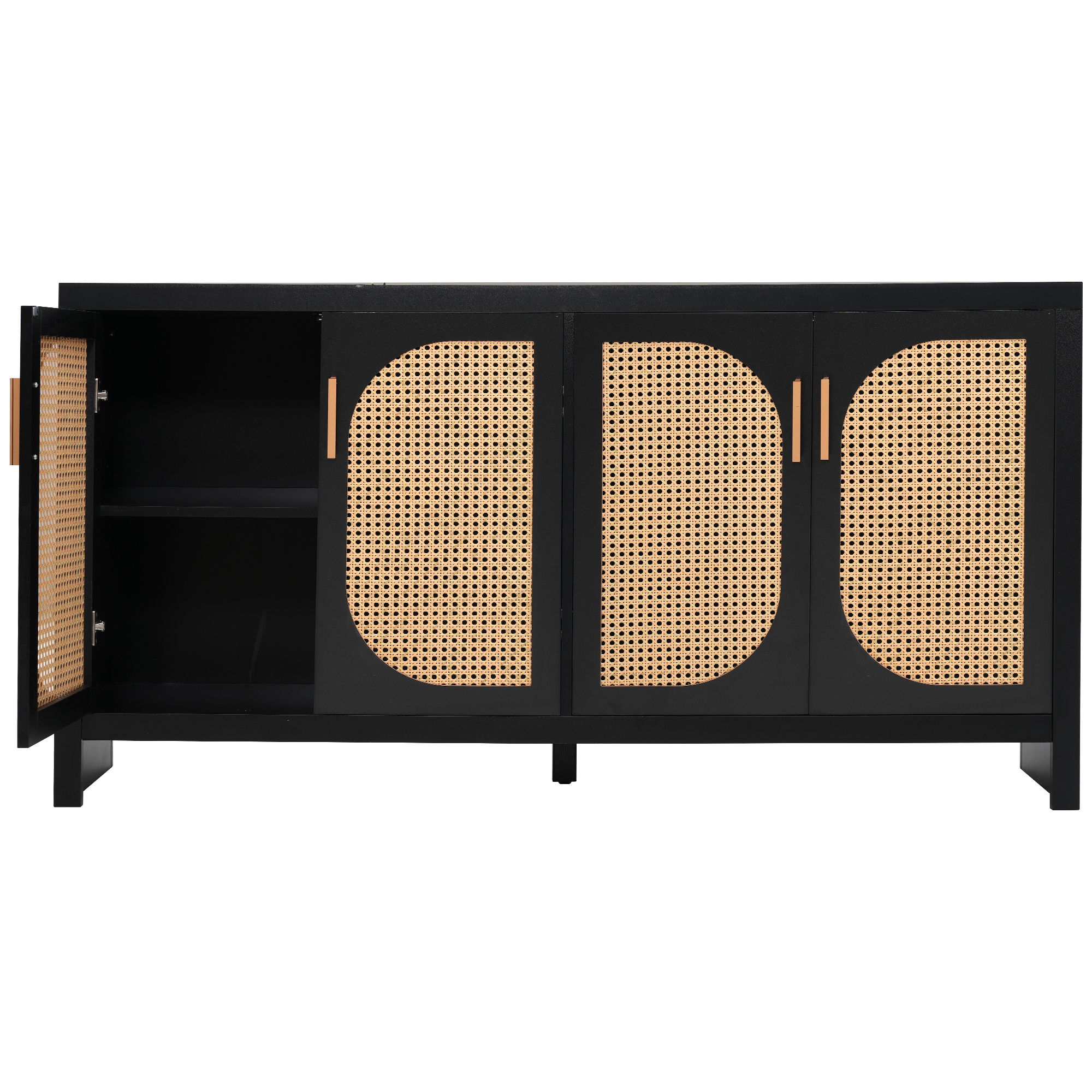 U-Can Modern TV Stand for 65-inch TV with Rattan Doors, Adjustable Shelves and Metal Handles for Living Room, Black