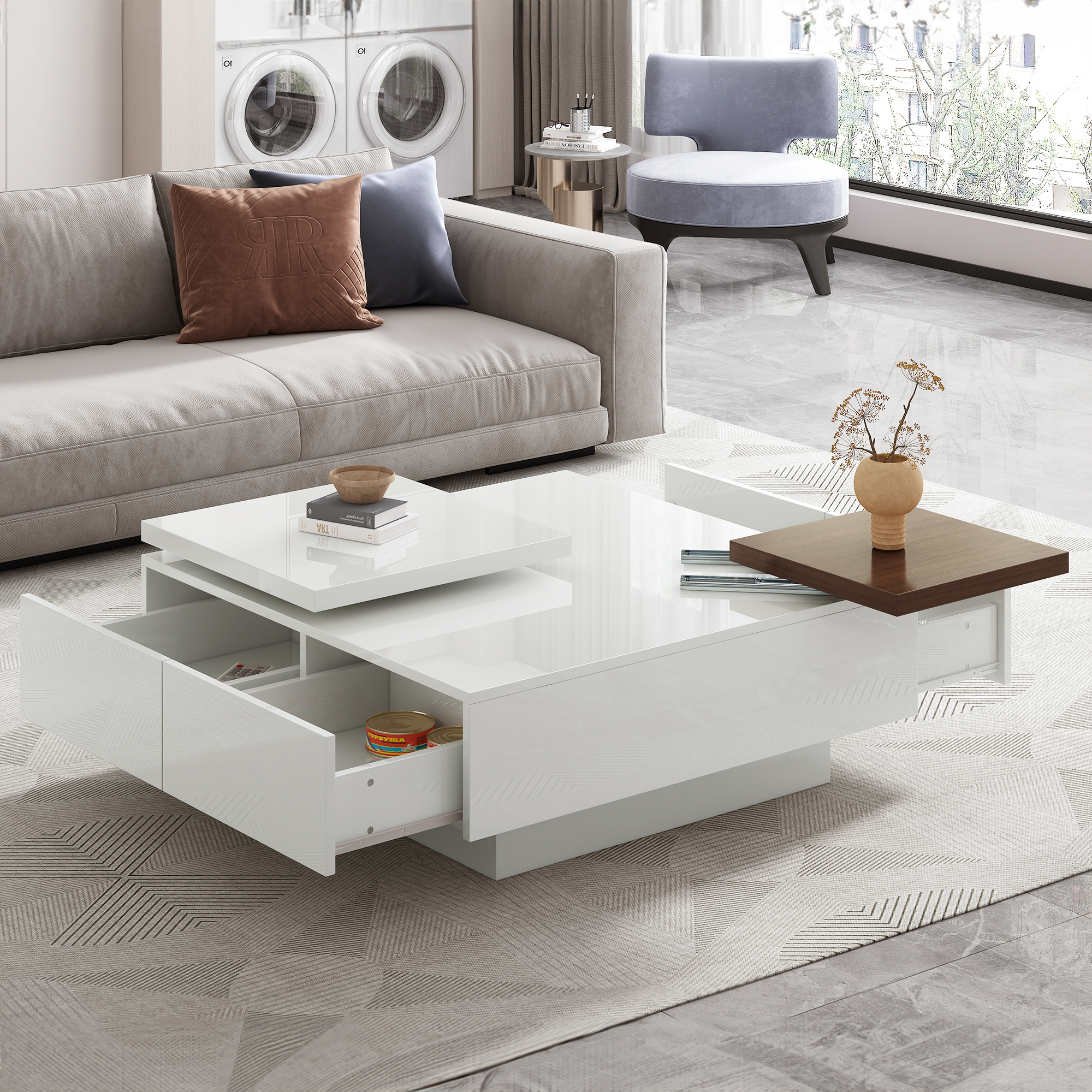 U-Can Movable Top Coffee Table, Modern Square Wood Coffee Table with High Gloss finish, 4 Hidden Storage Drawers for Living Room