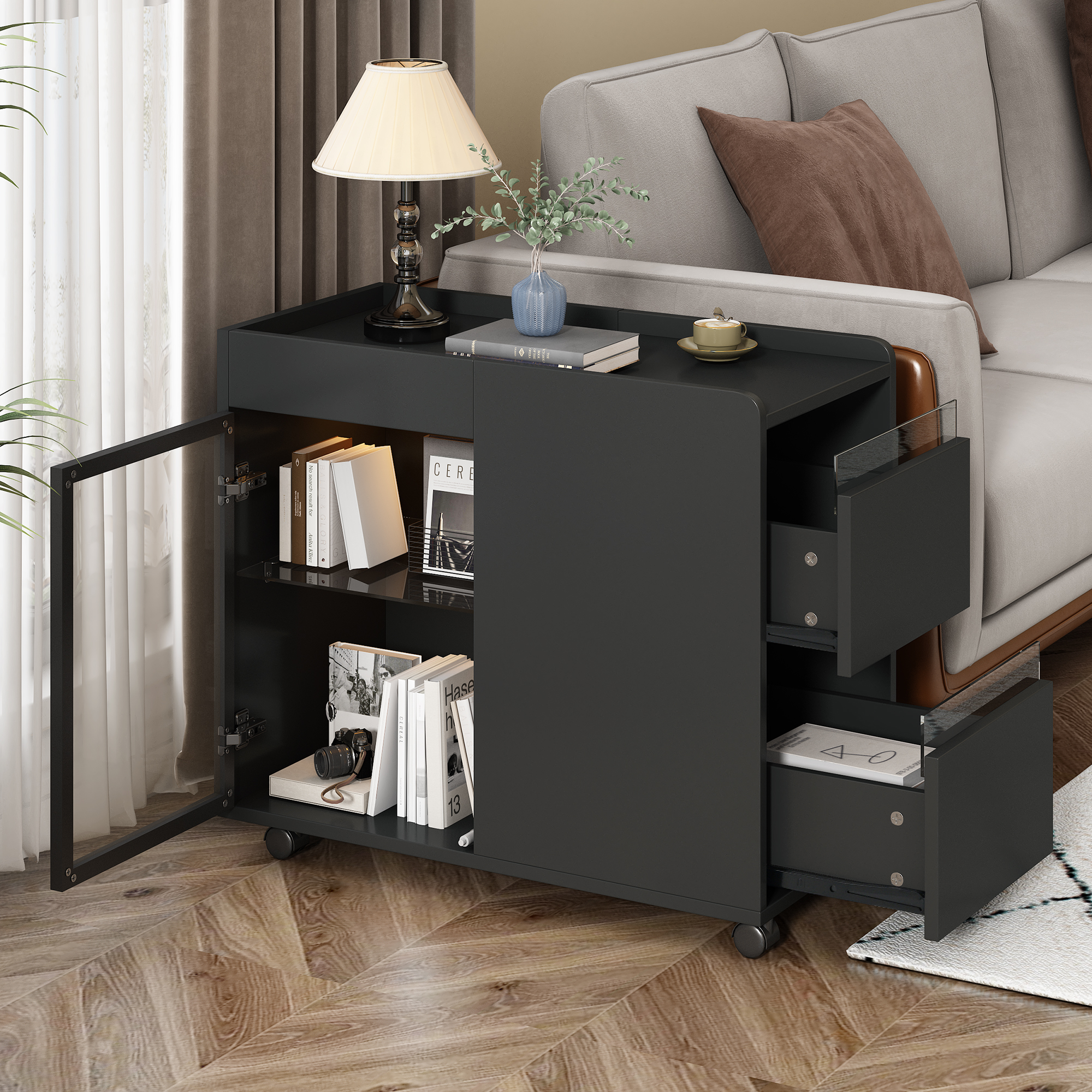 U-Can Modern End Table with LED light and Wheels, Side Table with Transparent Brown Glass Door, 2 Storage Shelves and Drawers for Living Room, Black