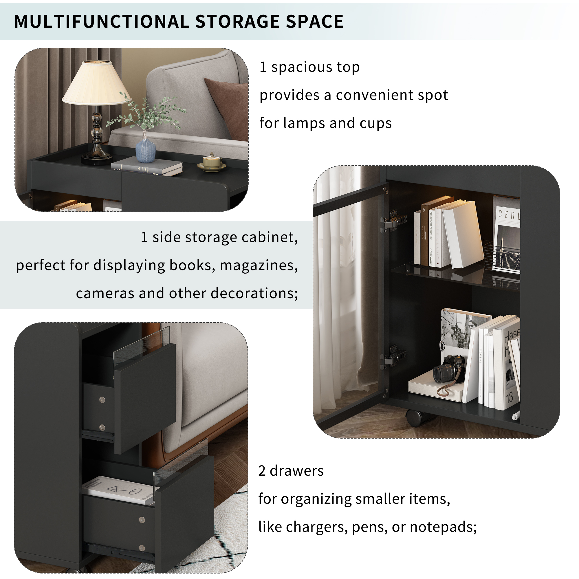 U-Can Modern End Table with LED light and Wheels, Side Table with Transparent Brown Glass Door, 2 Storage Shelves and Drawers for Living Room, Black