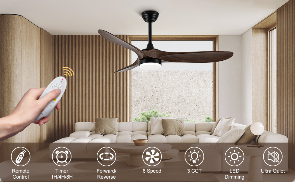 52 inch Ceiling Fan with Light and Remote Control - Timed Lighting, Reversible Airflow and Quiet Operation for Living Room & Bedroom & Outdoor