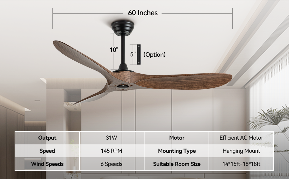 60 inch Ceiling Fan with Remote Control - Timed Lighting, Reversible Airflow and Quiet Operation for Living Room & Bedroom & Outdoor