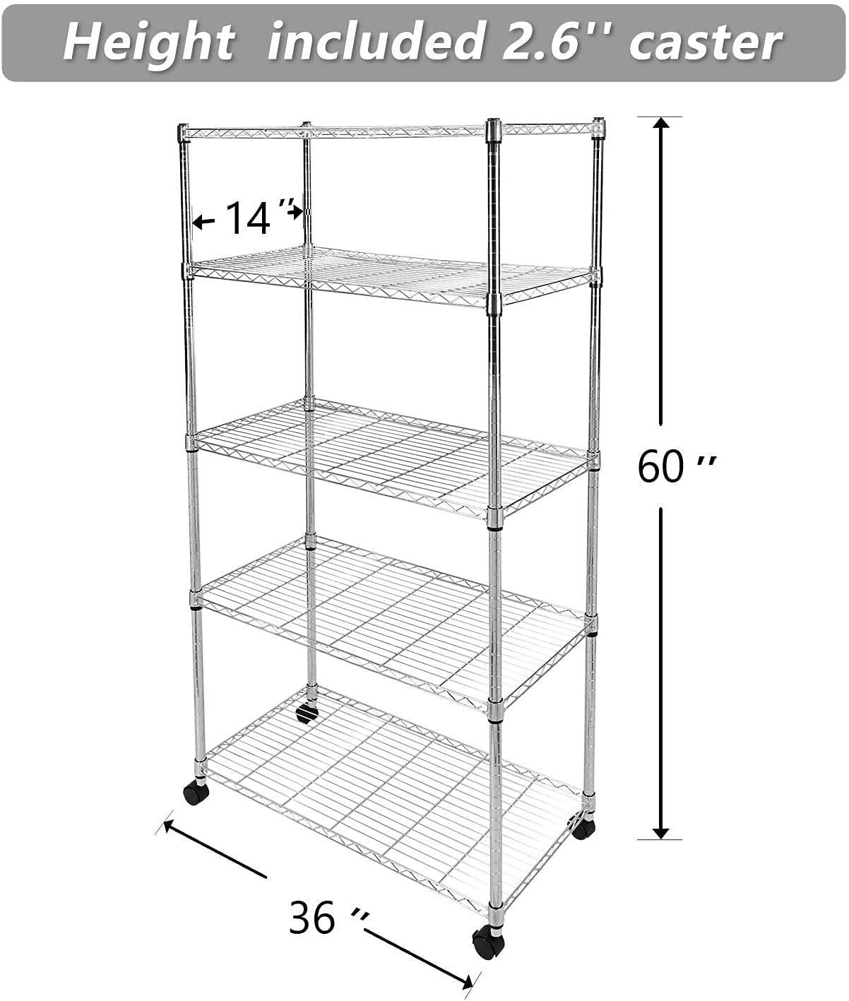 Simple Deluxe 5-Shelf Shelving with Wheels Steel Organizer 36"Wx14"Dx60"H Chrome