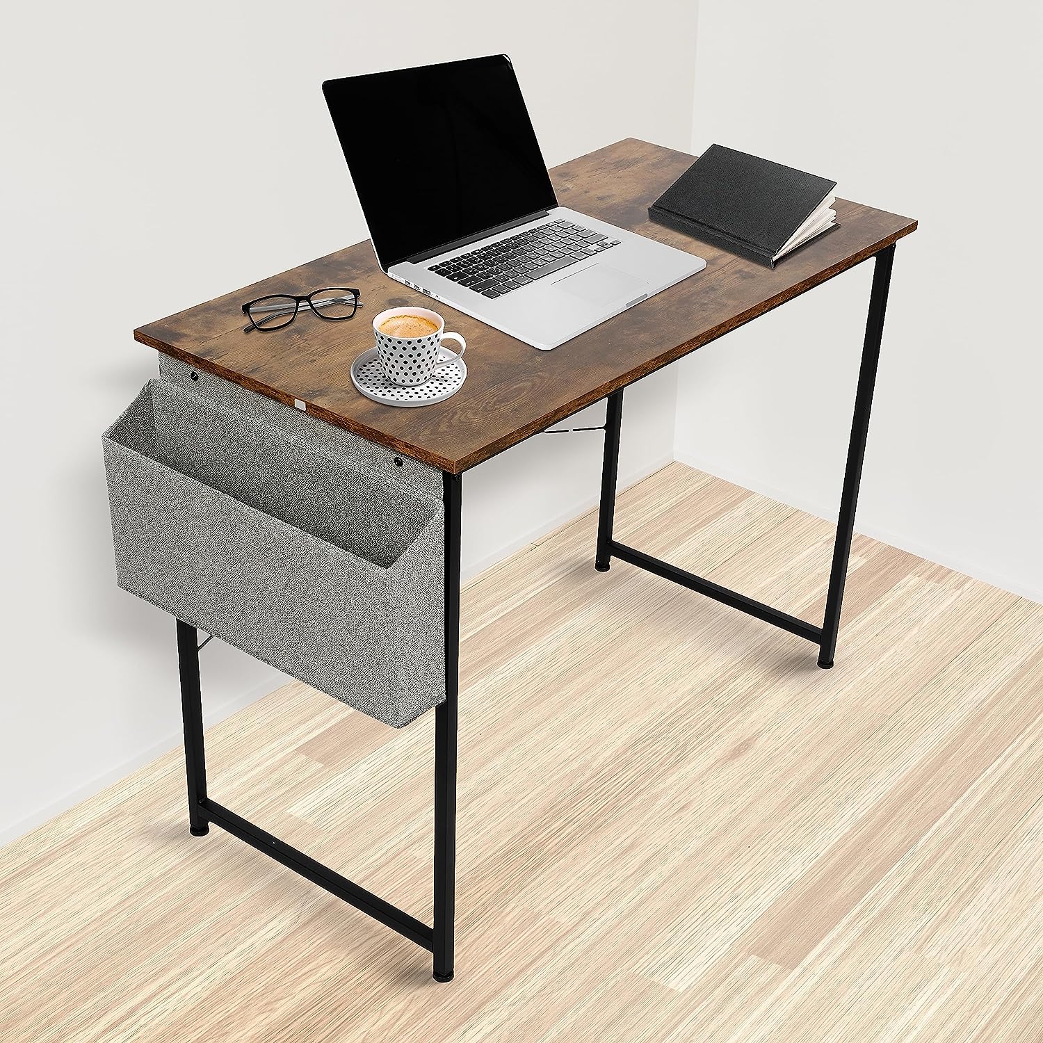 Computer Office Desk 40 Inch Writing Small Space Study Table Modern Simple Style Worktable with Storage Bag for Home, Bedroom, Brown