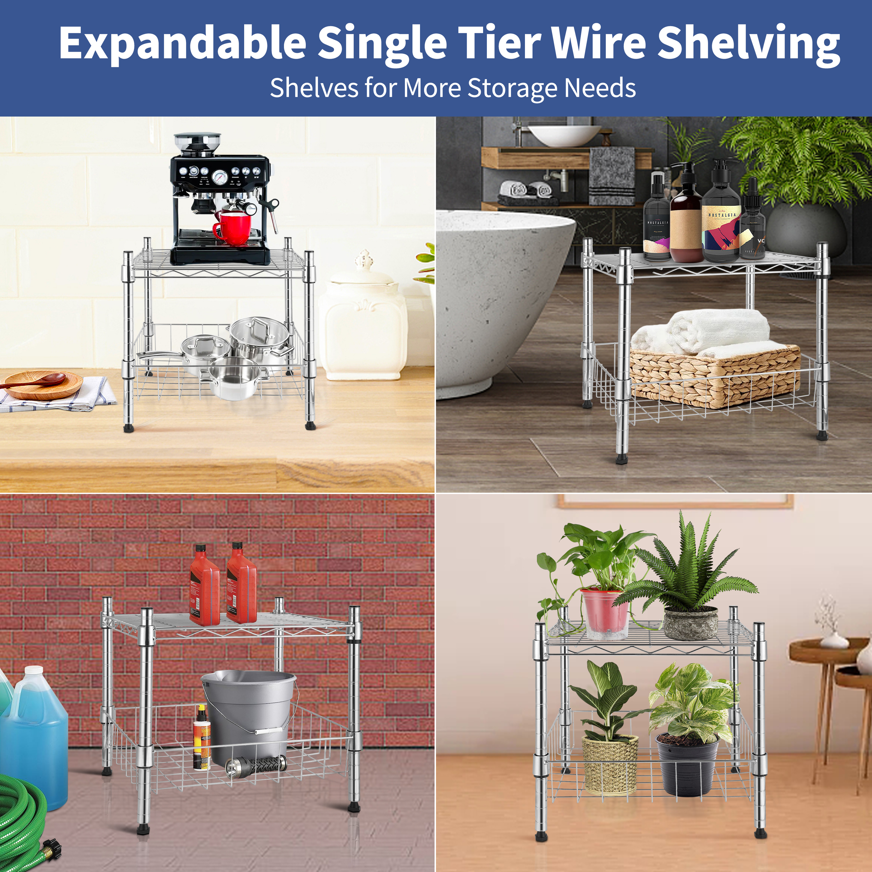 Heavy Duty Shelving Unit, Wire Metal Stackable Storage, 1-Tier Shelf, with Basket, Chrome, 15" W x 13.8" D x 15" H