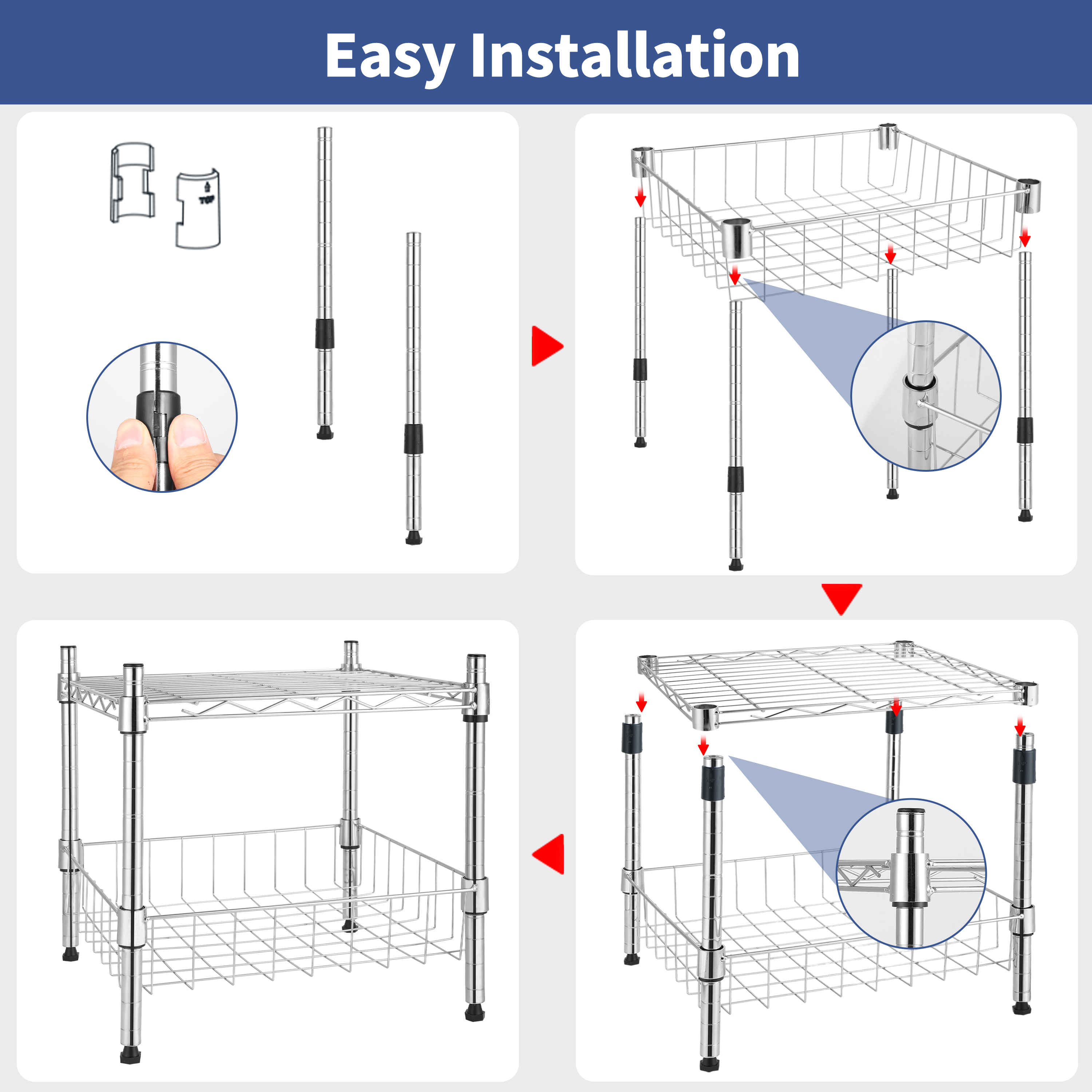 Heavy Duty Shelving Unit, Wire Metal Stackable Storage, 1-Tier Shelf, with Basket, Chrome, 15" W x 13.8" D x 15" H