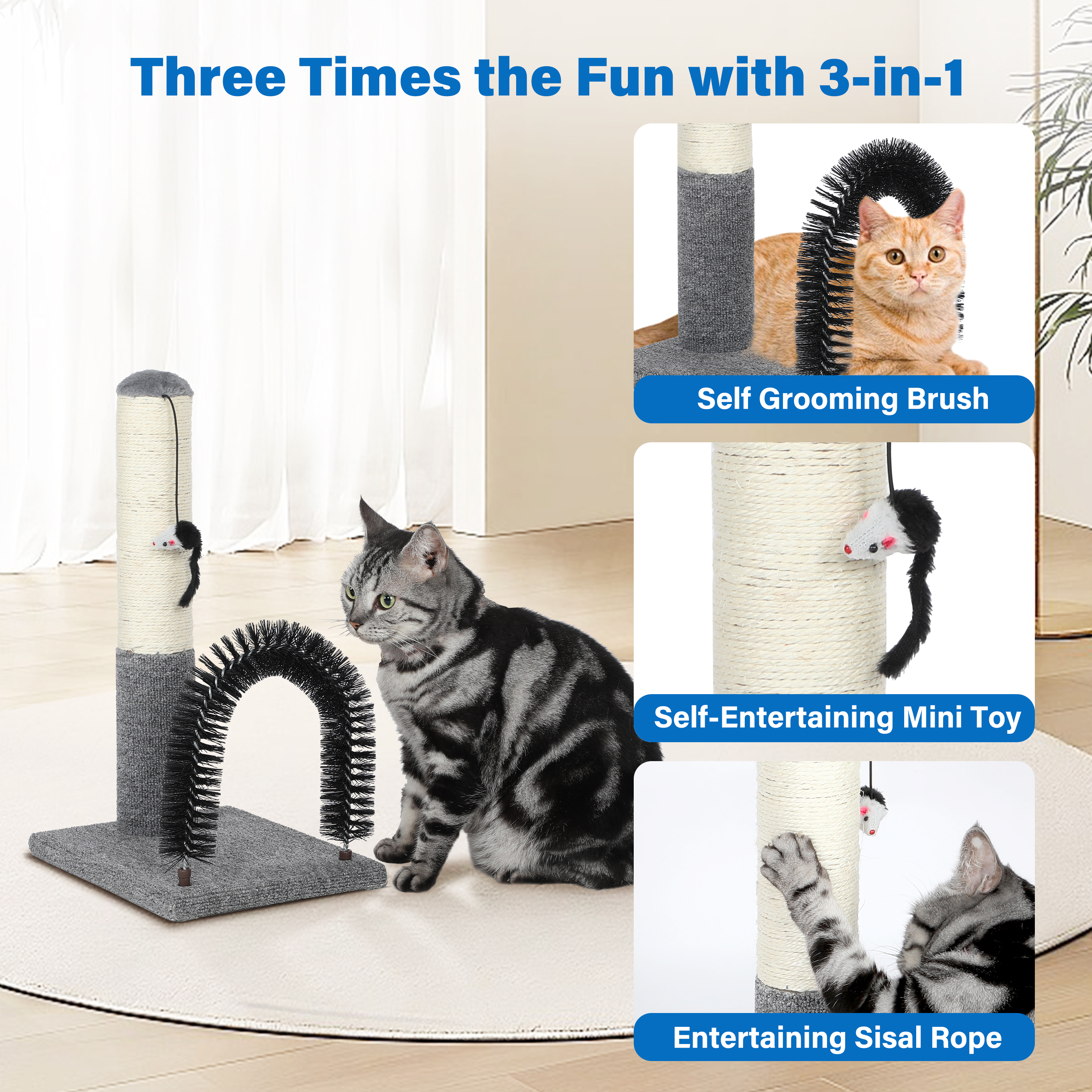 18 Inch Cat Scratching Post Pad with Cat Self Groomer,Cat Scratcher with Cat Brush,Kitten Scratch Post with Activity Dangling Ball,Indoor Cat Scratch Board for Kittens Kitty Cats,Protect Furniture