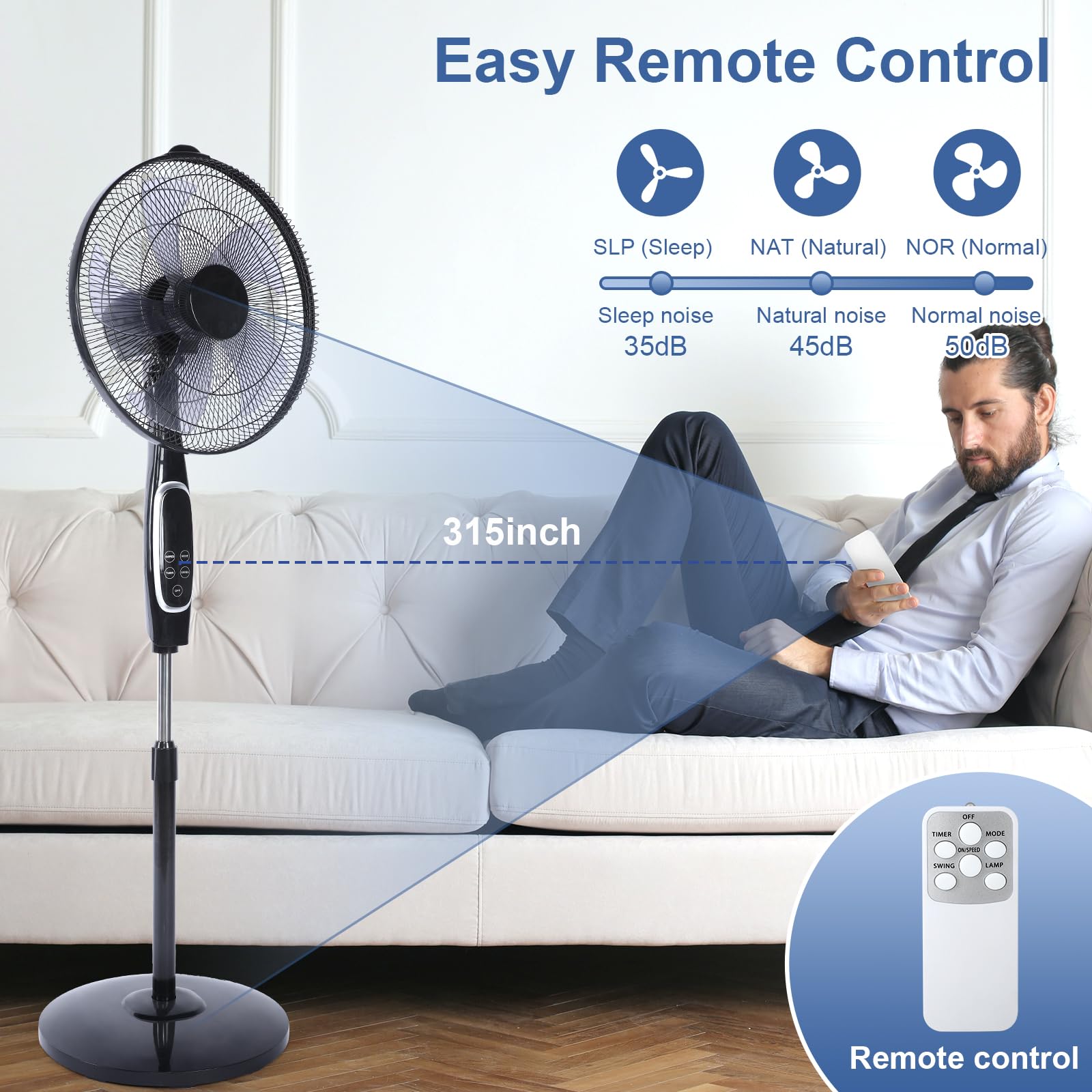 Advanced 16-Inch Stand Fan with Remote Control - Adjustable Height, 3 Speeds, 45 Degree Oscillation, and Timer for Personalized Cooling Comfort and Convenience