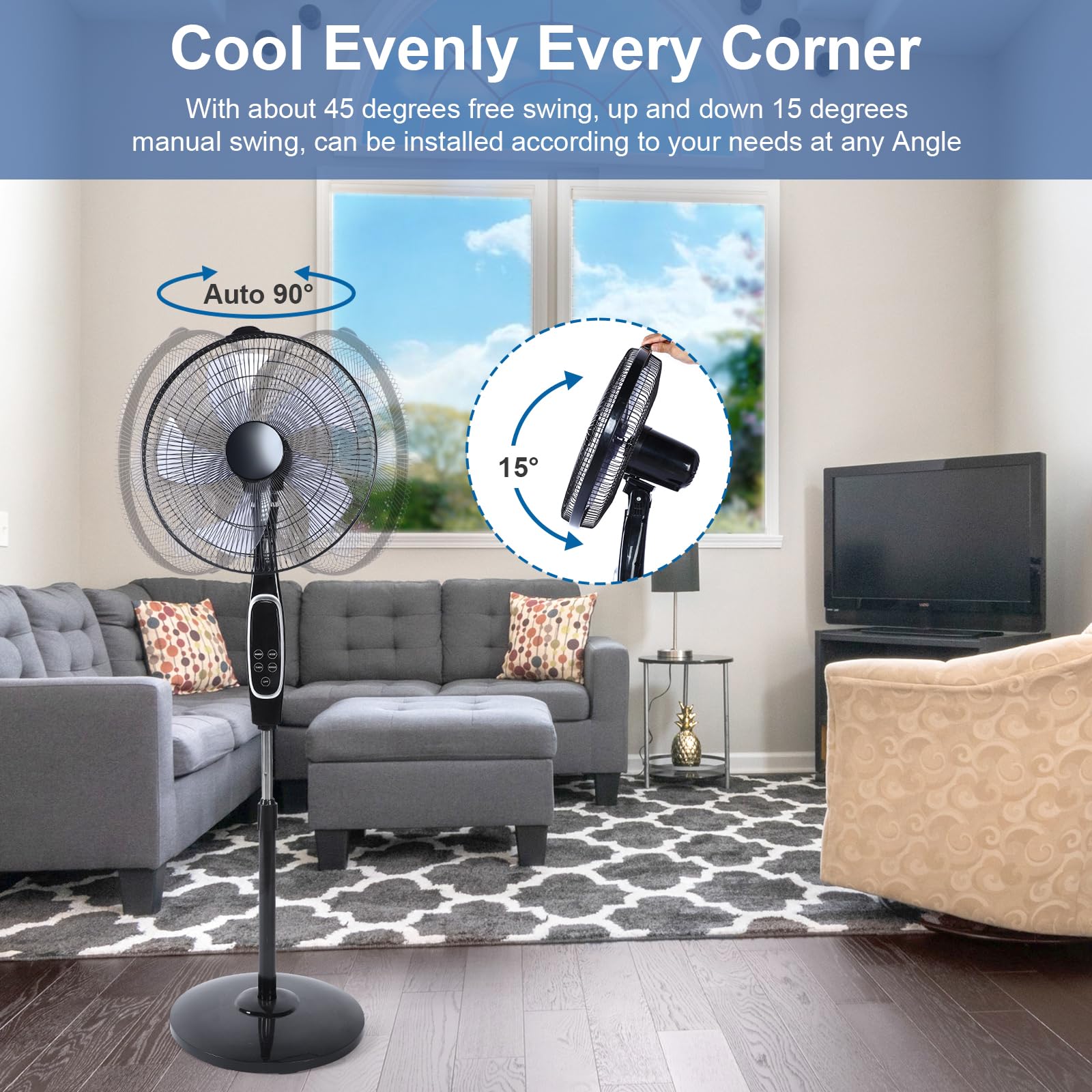 Advanced 16-Inch Stand Fan with Remote Control - Adjustable Height, 3 Speeds, 45 Degree Oscillation, and Timer for Personalized Cooling Comfort and Convenience