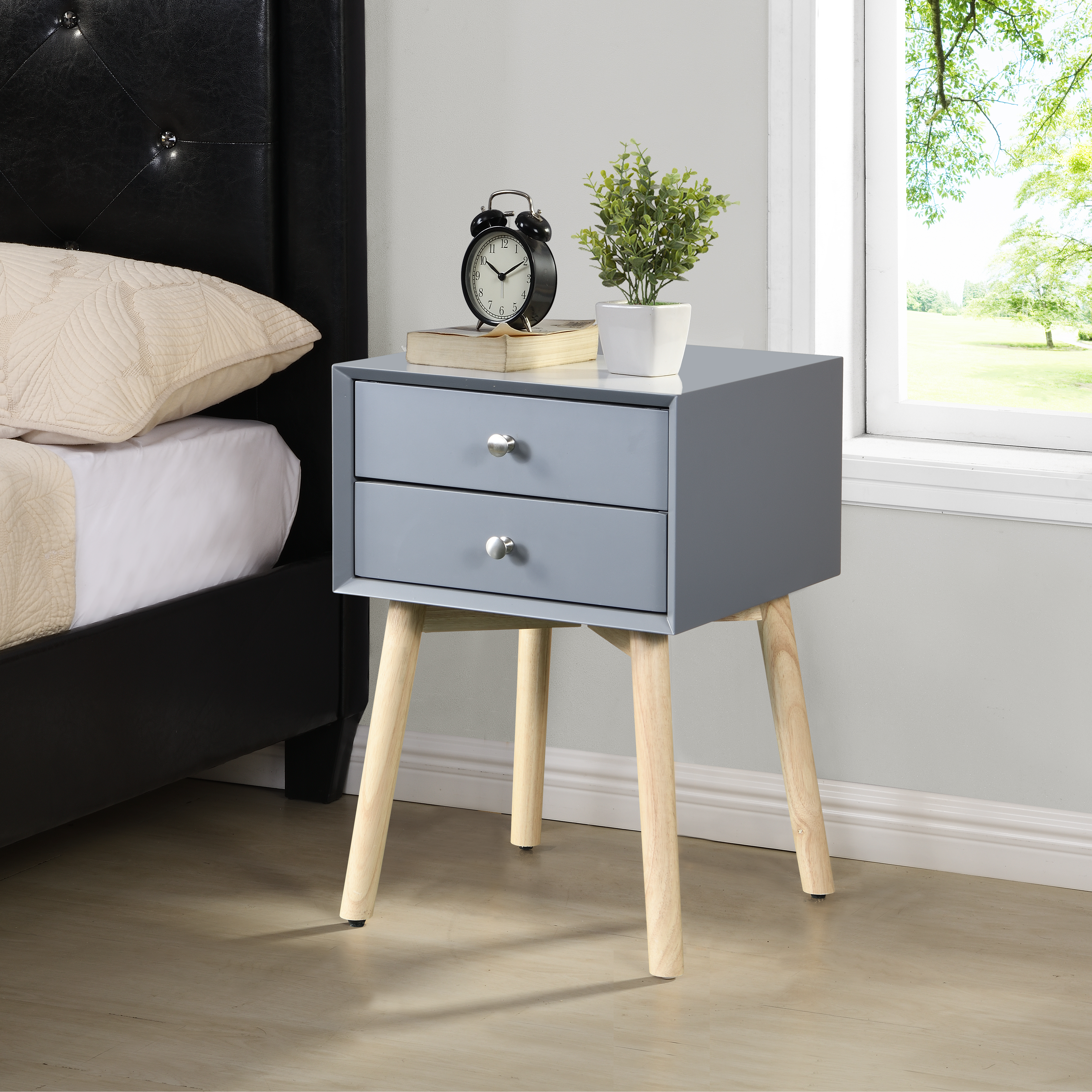Side Table with 2 Drawer and Rubber Wood Legs, Mid-Century Modern Storage Cabinet for Bedroom Living Room Furniture, Gray-Boyel Living