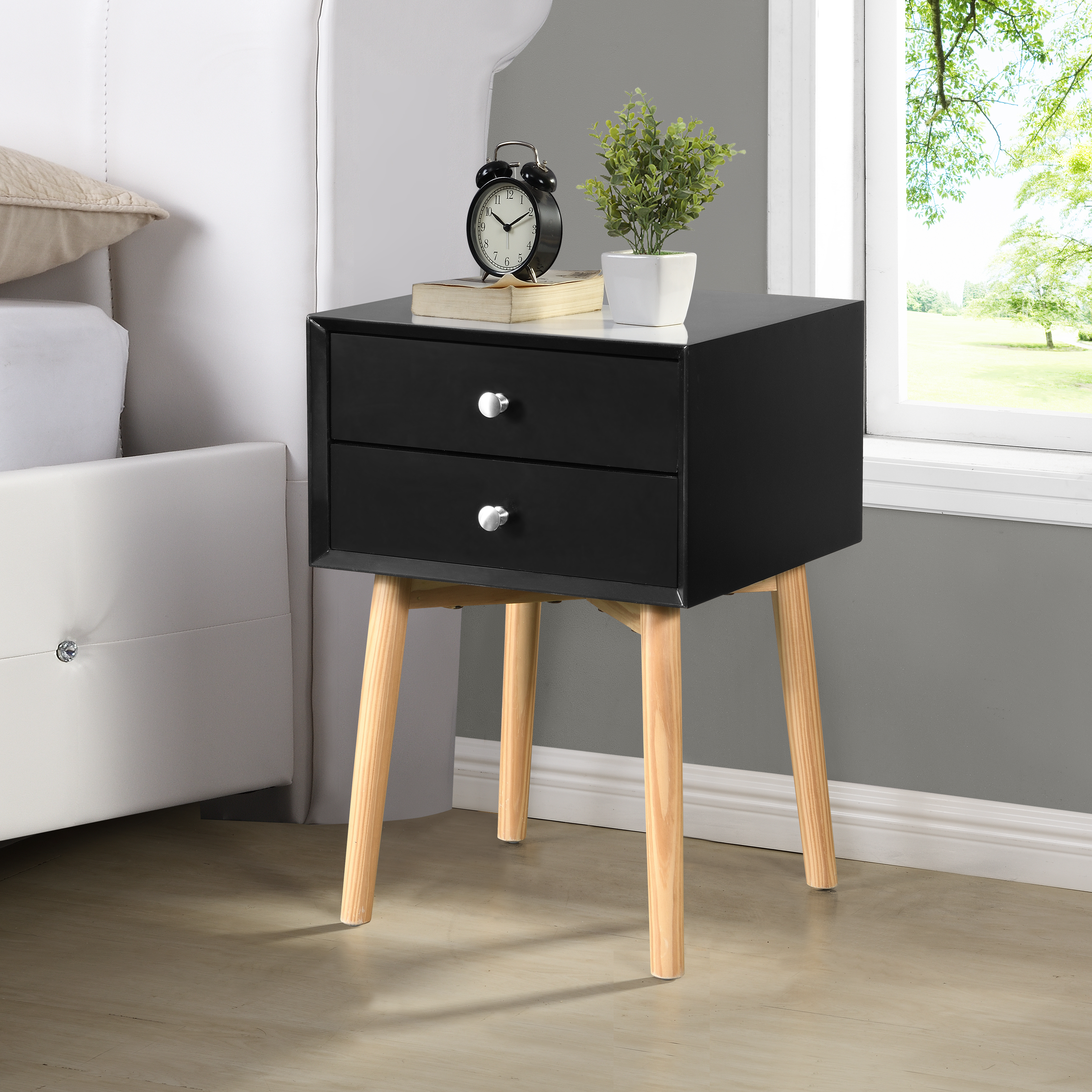 Side Table with 2 Drawer and Rubber Wood Legs, Mid-Century Modern Storage Cabinet for Bedroom Living Room Furniture, Black-CASAINC