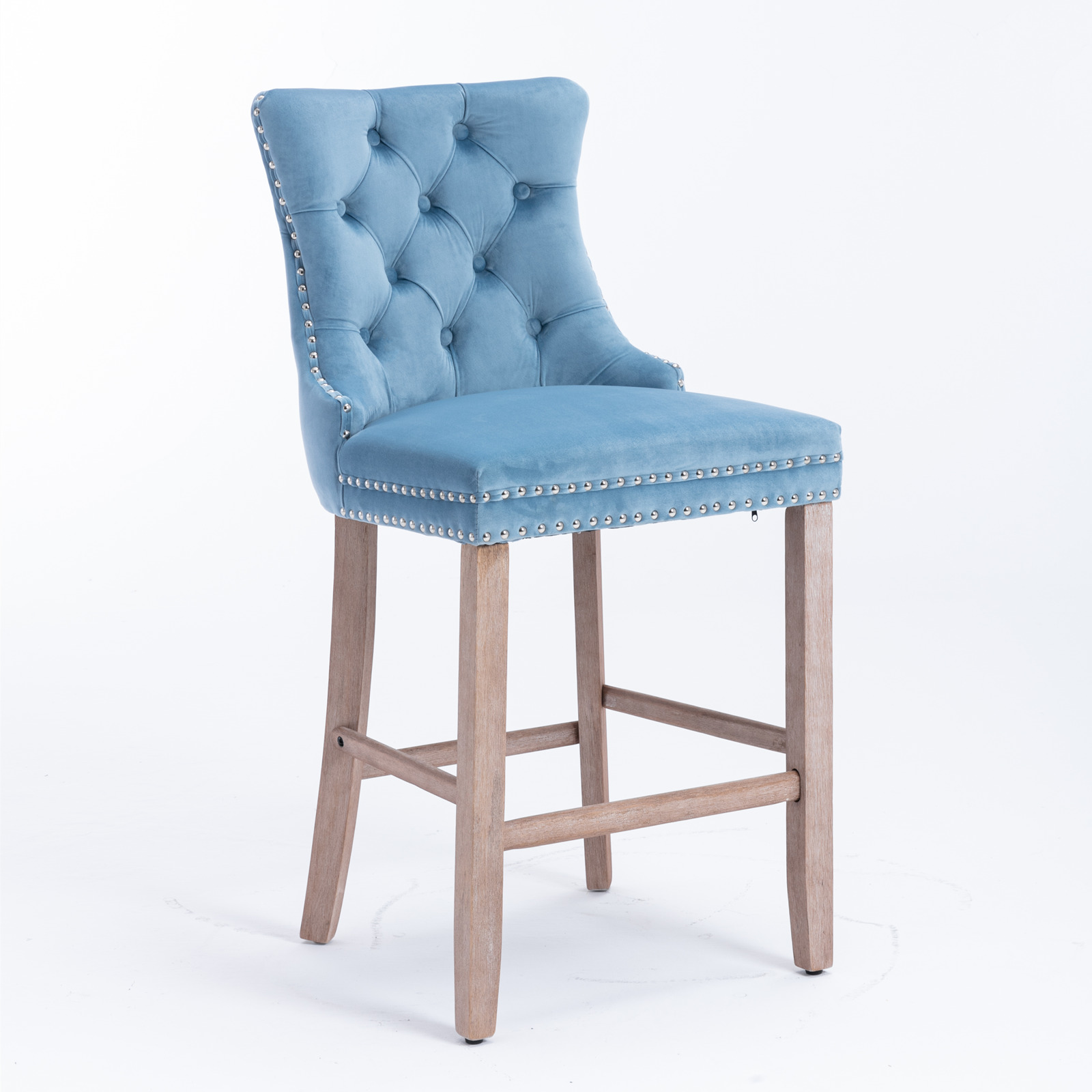 Contemporary Velvet Upholstered Barstools with Button Tufted Decoration and Wooden Legs, and Chrome Nailhead Trim, Leisure Style Bar Chairs,Bar stools, Set of 2 (Light Blue),SW2002LB