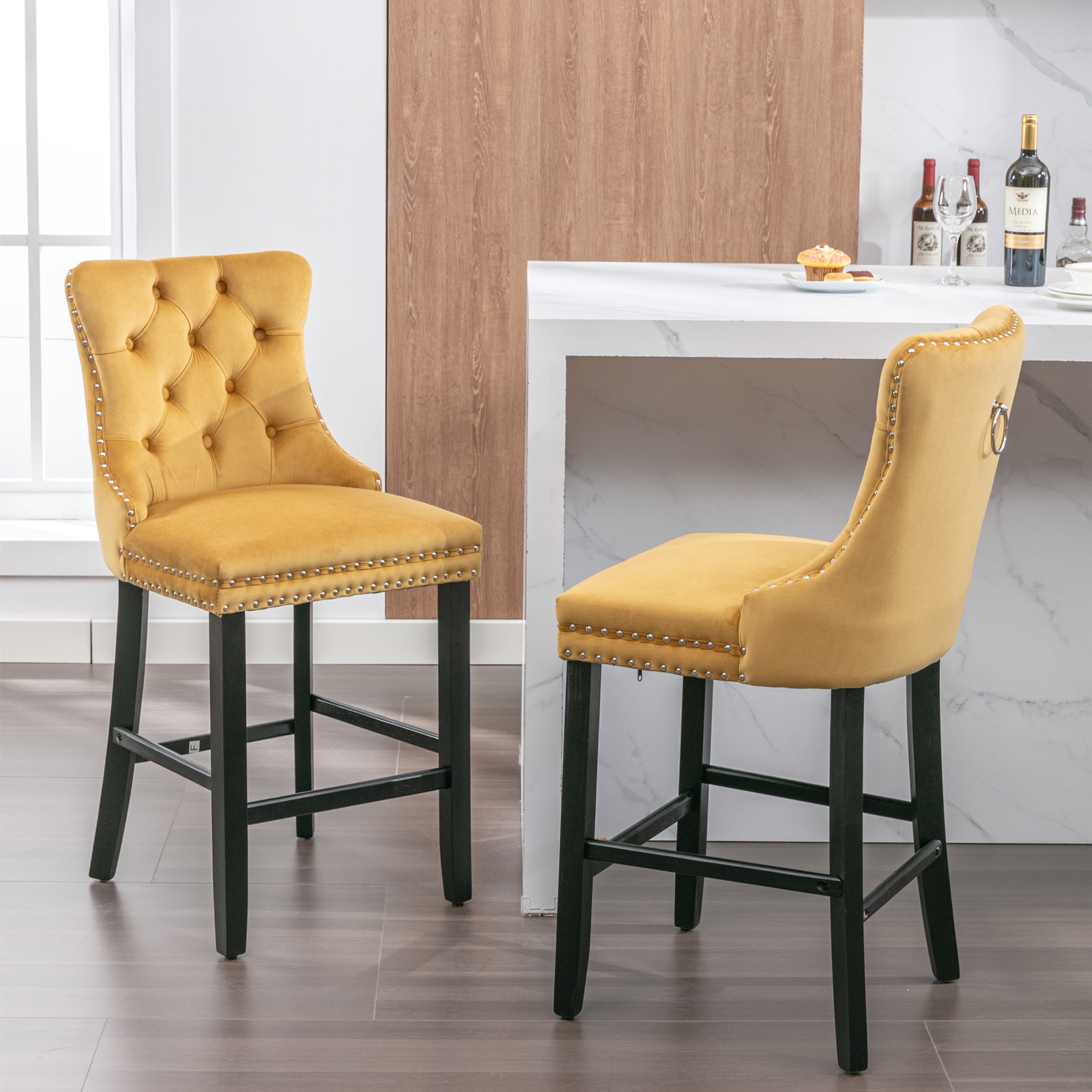 Contemporary Velvet Upholstered Barstools with Button Tufted Decoration and Wooden Legs, and Chrome Nailhead Trim, Leisure Style Bar Chairs,Bar stools, Set of 2 (Golden),SW2002GL