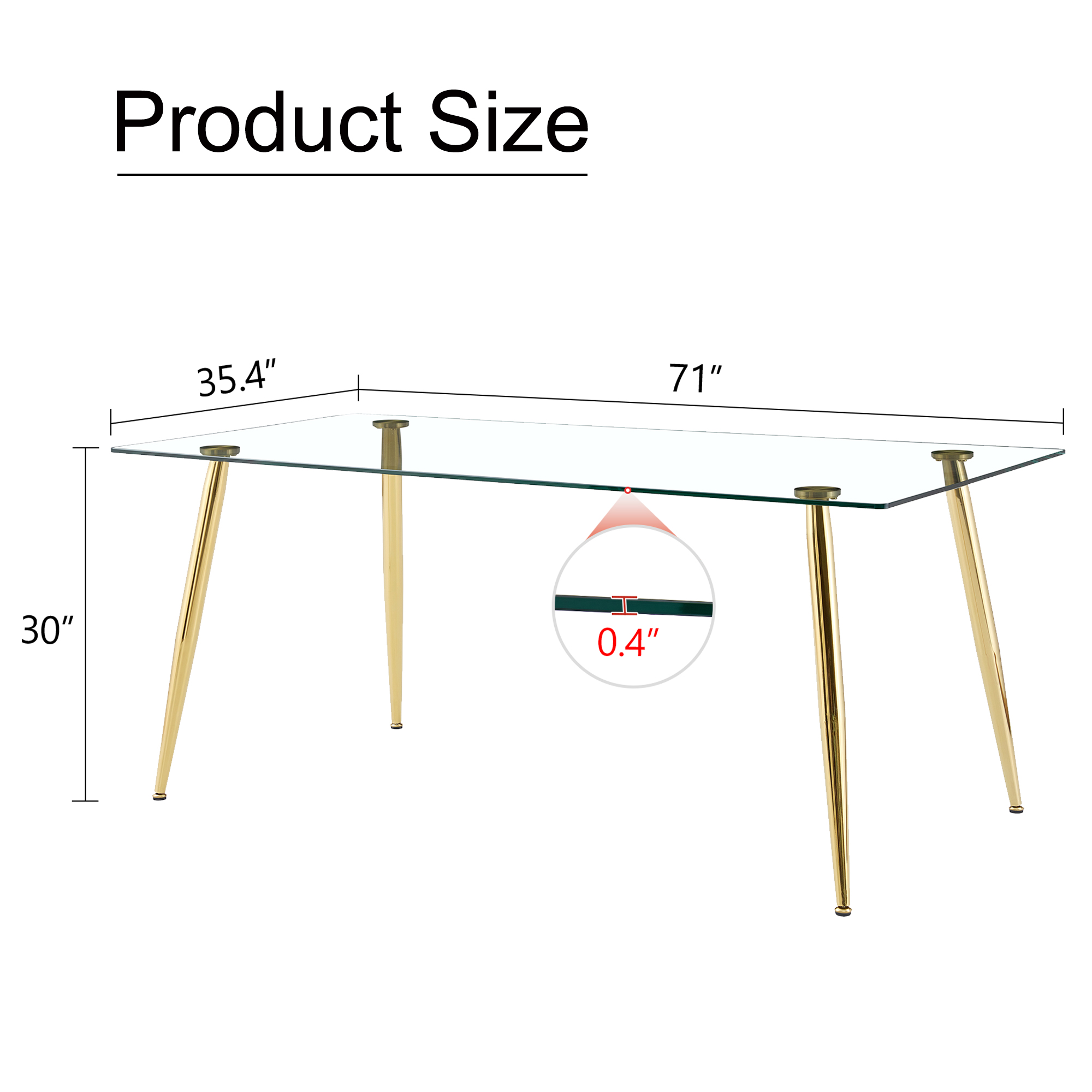 Modern rectangular glass dining table, suitable for 4-6 people, with tempered glass countertop and gold metal legs, writing desk, suitable for kitchen, dining room and living room