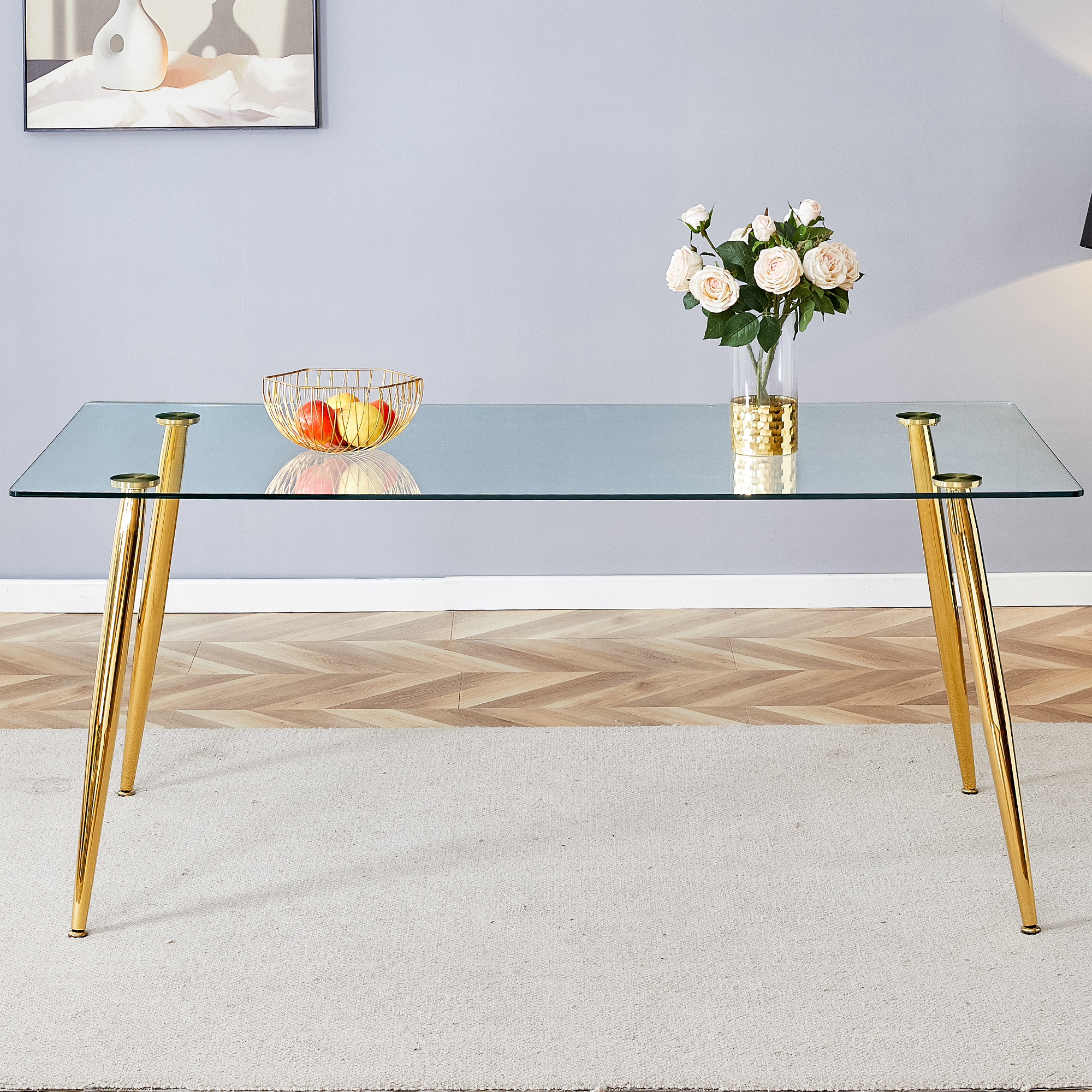 Modern rectangular glass dining table, suitable for 4-6 people, with tempered glass countertop and gold metal legs, writing desk, suitable for kitchen, dining room and living room