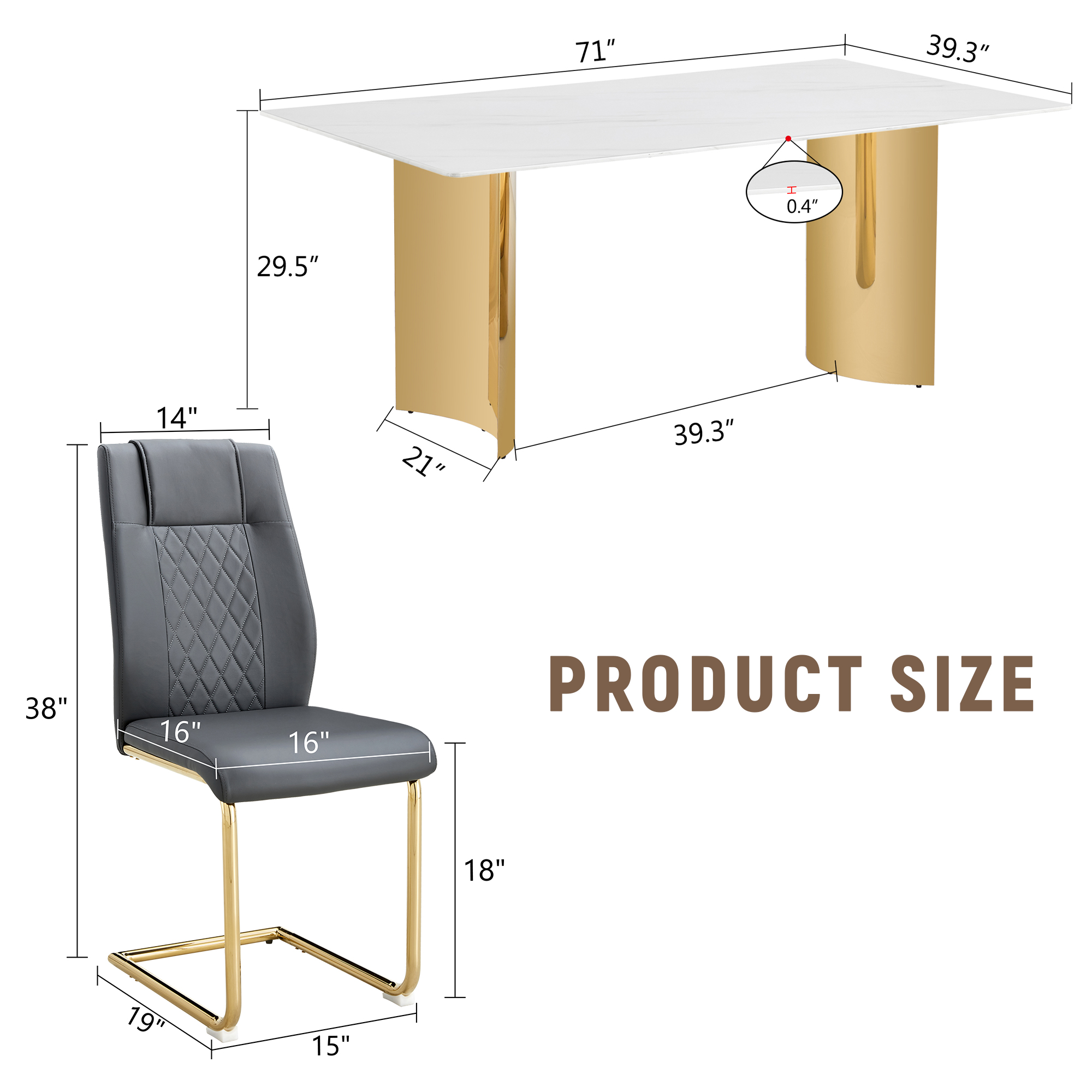 Table and chair set.The table has a glass tabletop with imitation marble pattern stickers and stainless steel golden table legs. Paried with comfortable chairs with PU seats and metal legs.