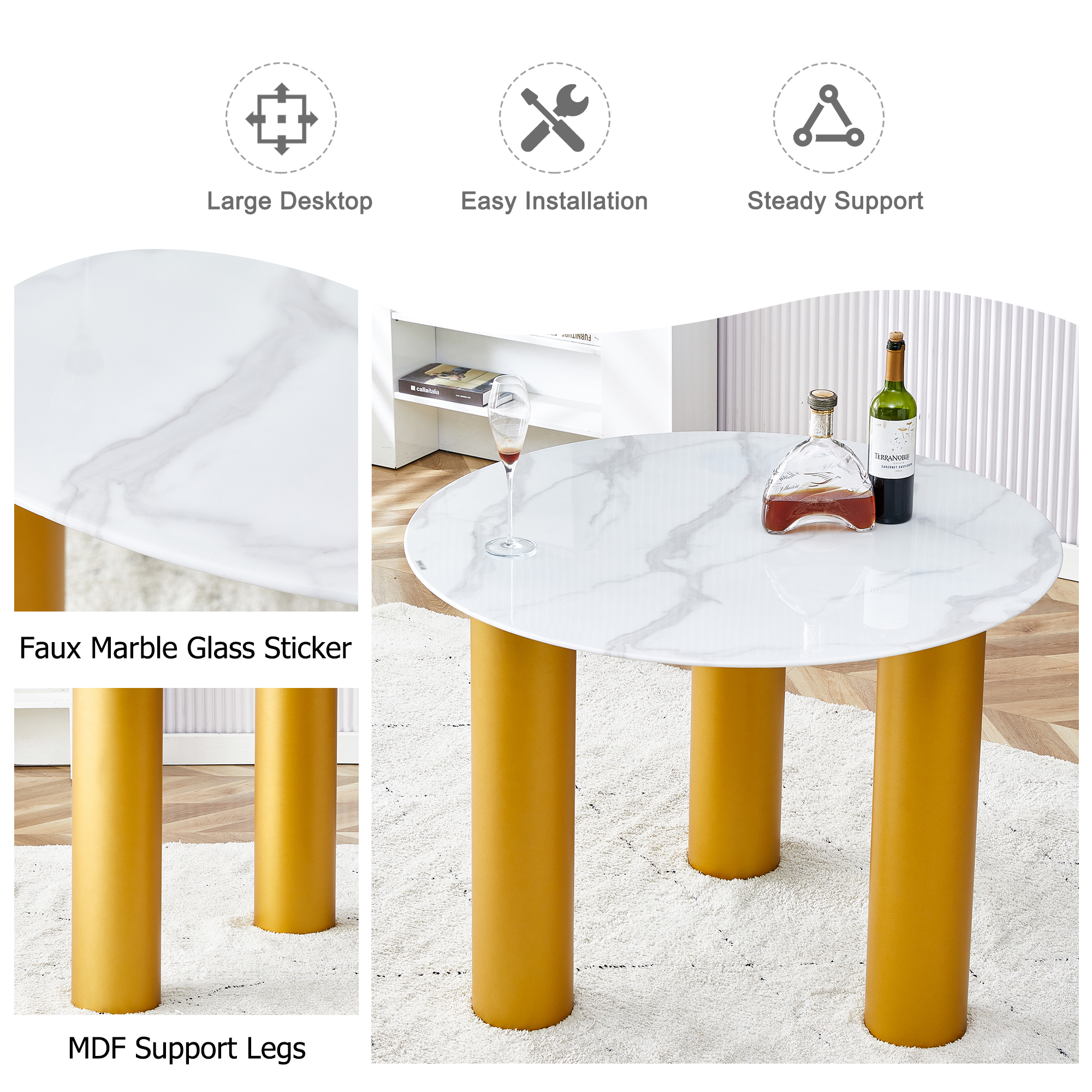 Table and chair set, round table with white marble pattern, gold MDF table legs, soft and comfortable dining chair, suitable for kitchen and living room