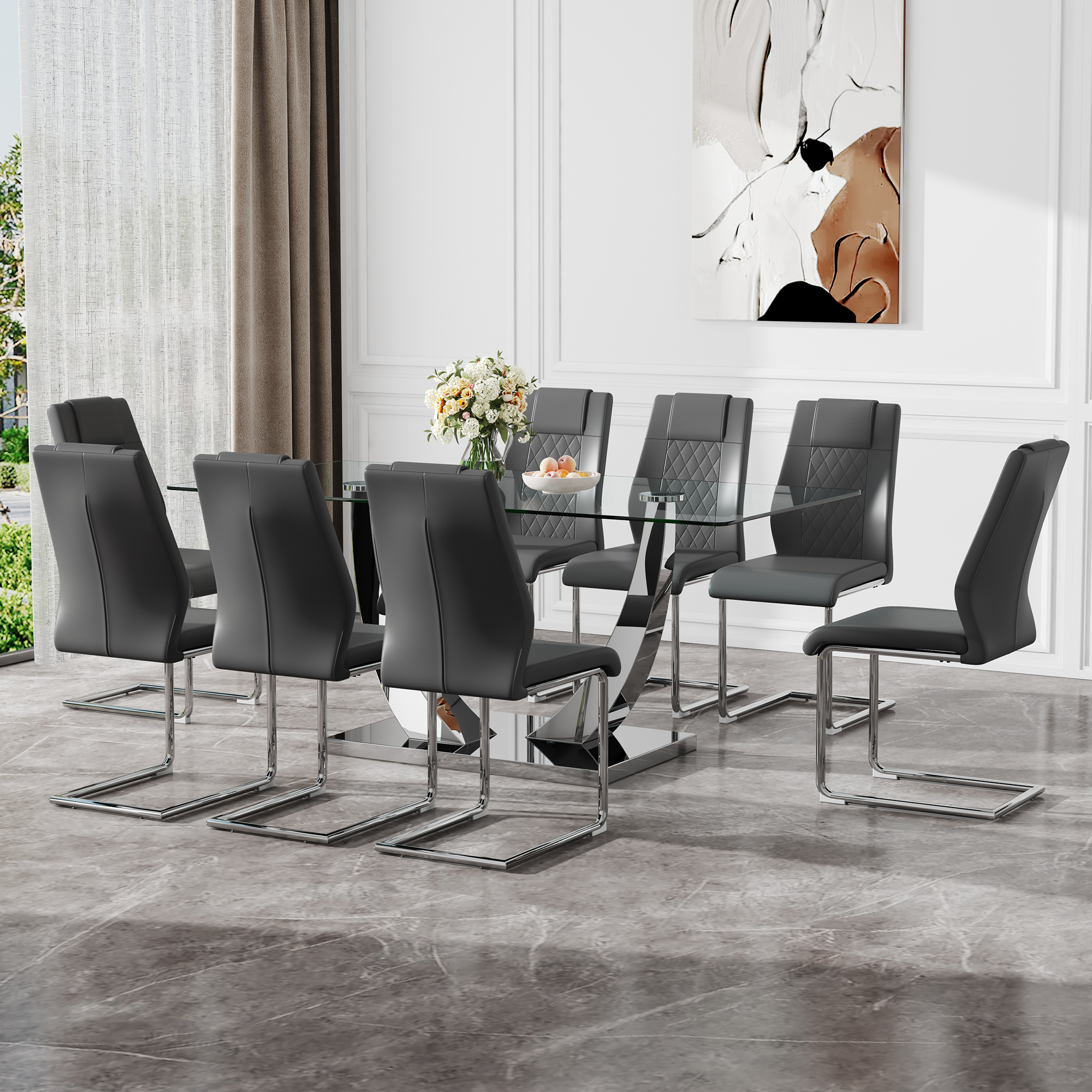 Table and chair set.Contemporary, minimalist rectangular dining table featuring a clear tempered glass top and sleek silver legs. Paried with chairs made of PU material cushion and silver metal legs.