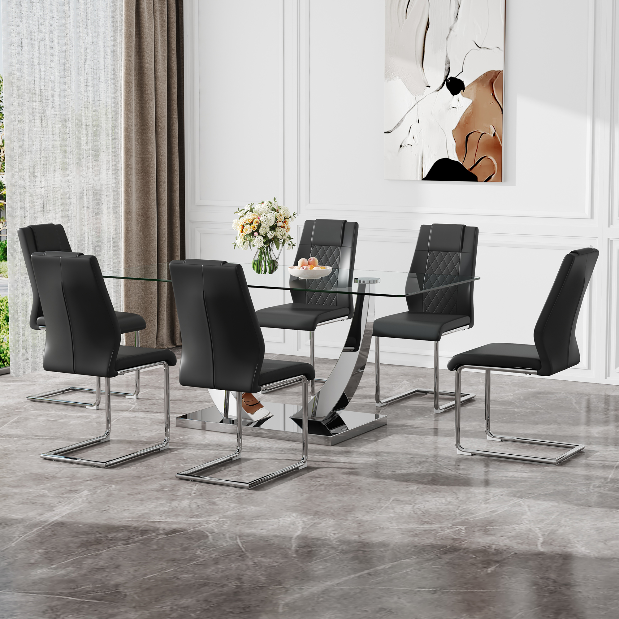 Table and chair set.Contemporary, minimalist rectangular dining table featuring a clear tempered glass top and sleek silver legs. Paried with chairs made of PU material cushion and silver metal legs.