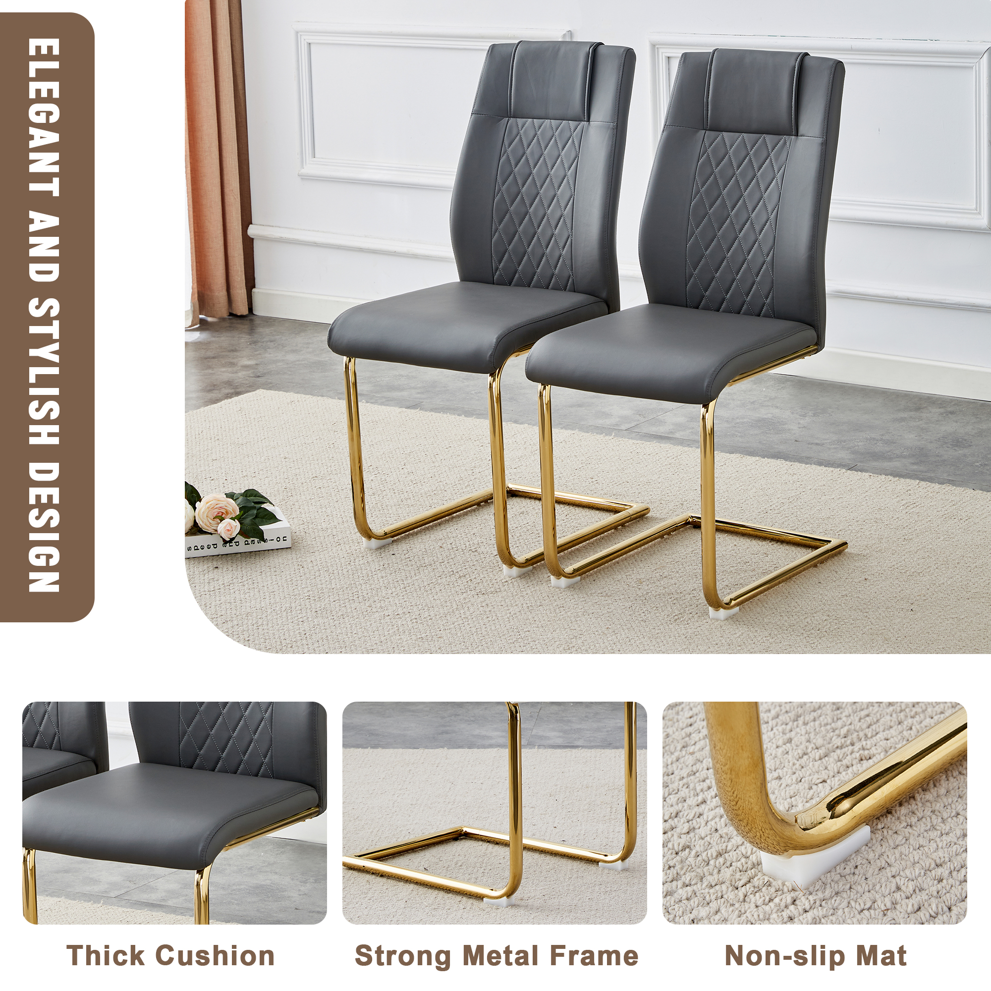 Table and chair set.The table has a glass tabletop with imitation marble pattern stickers and stainless steel golden table legs. Paried with comfortable chairs with PU seats and metal legs.