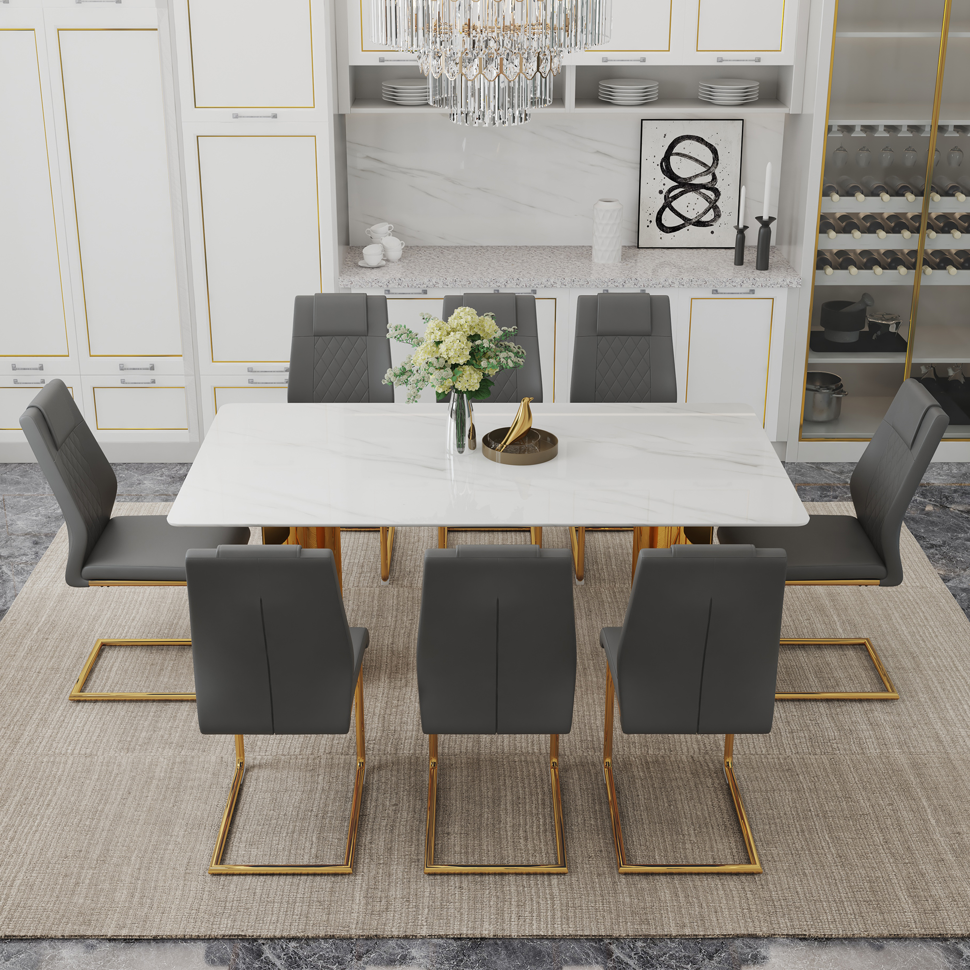 Table and chair set.The table has a glass tabletop with imitation marble pattern stickers and stainless steel golden table legs. Paried with comfortable chairs with PU seats and metal legs.