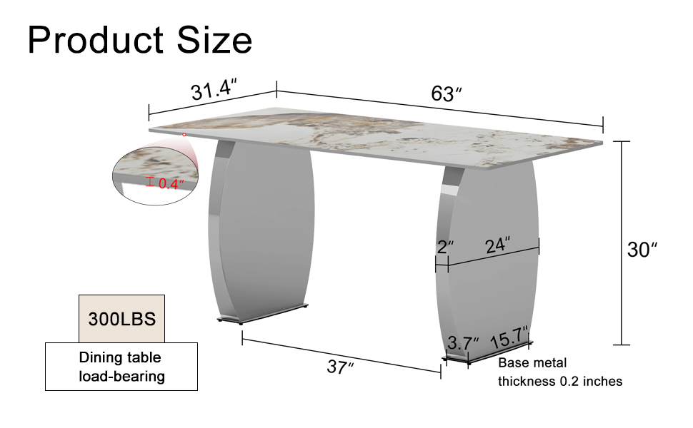 Modern rectangular dining table, imitation marbled rock plate table top, stainless steel table legs, suitable for kitchen, dining room, living room 63 inches * 31.4 inches.