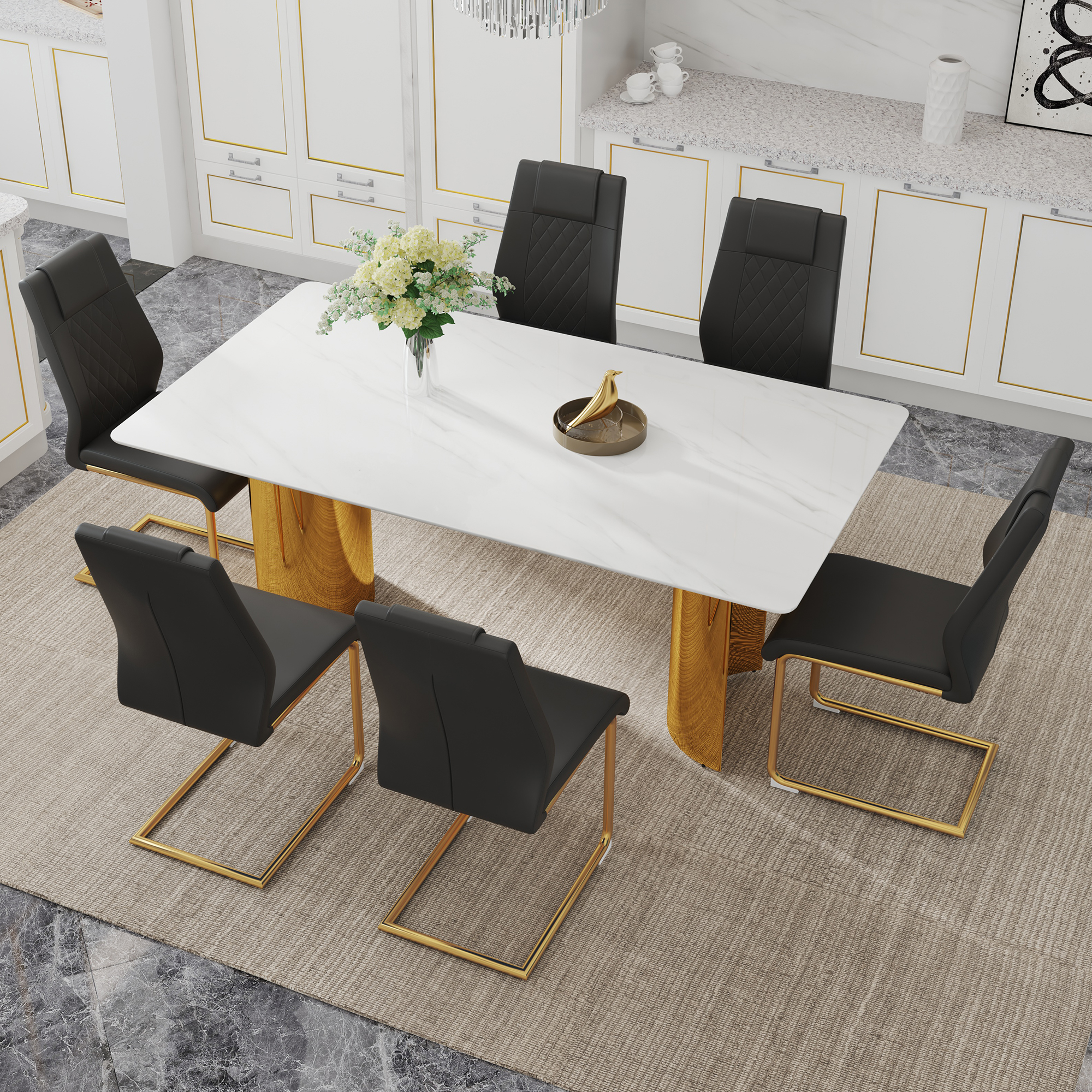 Table and chair set.The table has a glass tabletop with imitation marble pattern stickers and stainless steel golden table legs. Paried with comfortable chairs with PU seats and metal legs.