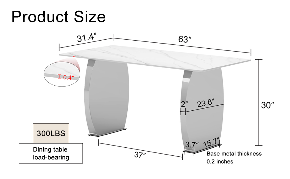 Modern rectangular dining table, 0.4 inch white patterned top, silver legs, suitable for kitchen, dining room, living room 63 inches * 31.4 inches * 30 inches