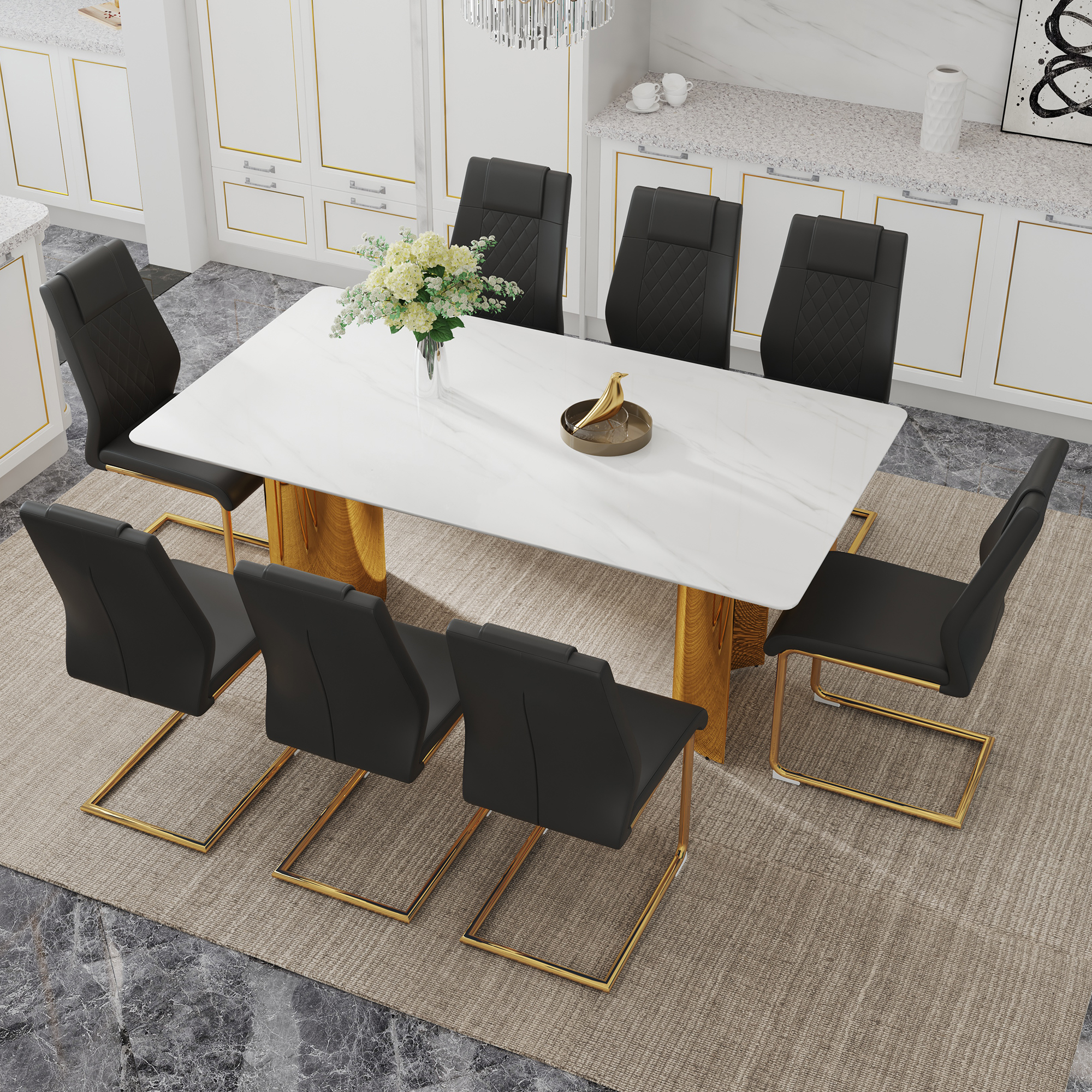 Table and chair set.The table has a glass tabletop with imitation marble pattern stickers and stainless steel golden table legs. Paried with comfortable chairs with PU seats and metal legs.