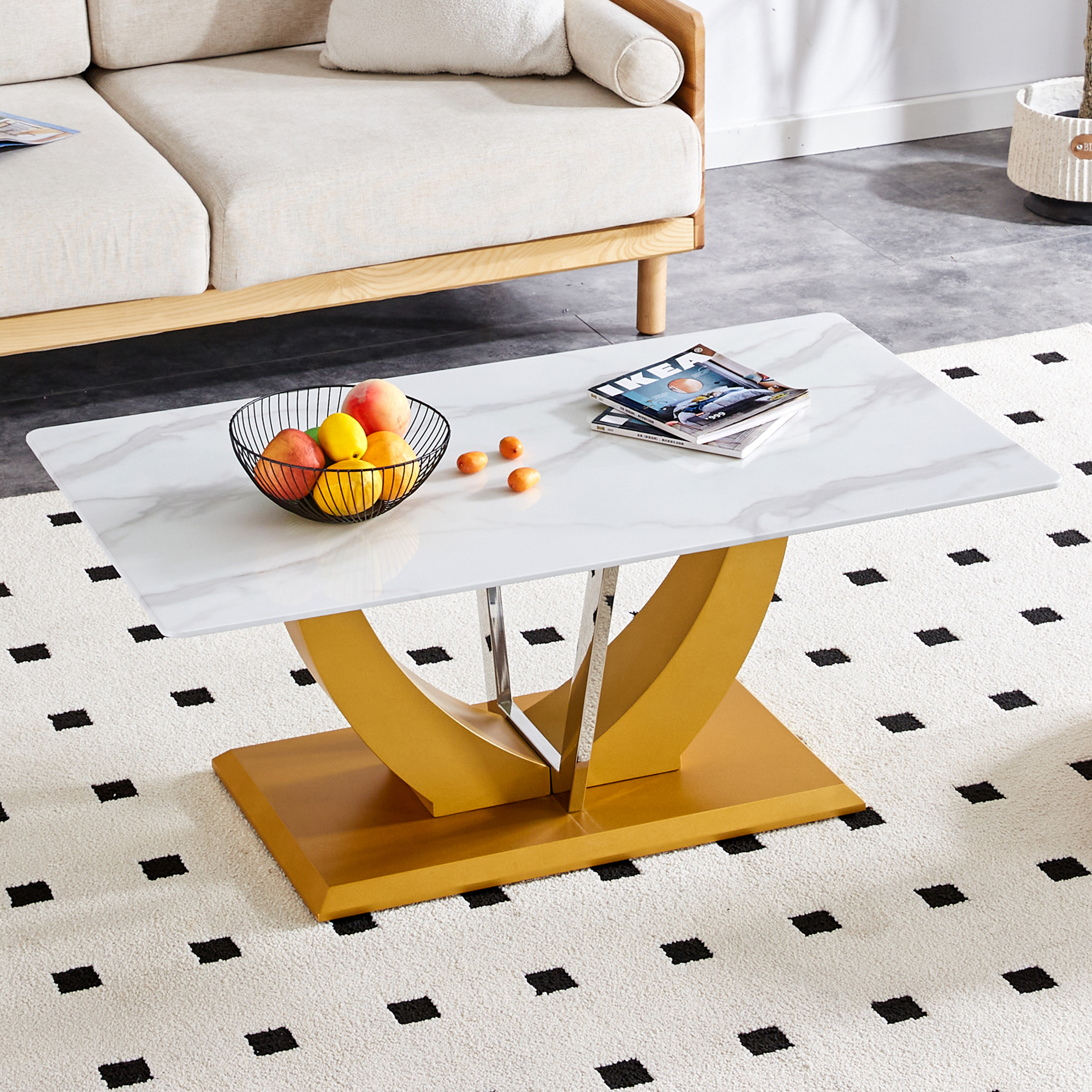 Coffee table.Modern minimalist Tempered glass with sticker desktop ,golden MDF legs and stainless steel decorative columns. Lightweight and easy to move. CT-907