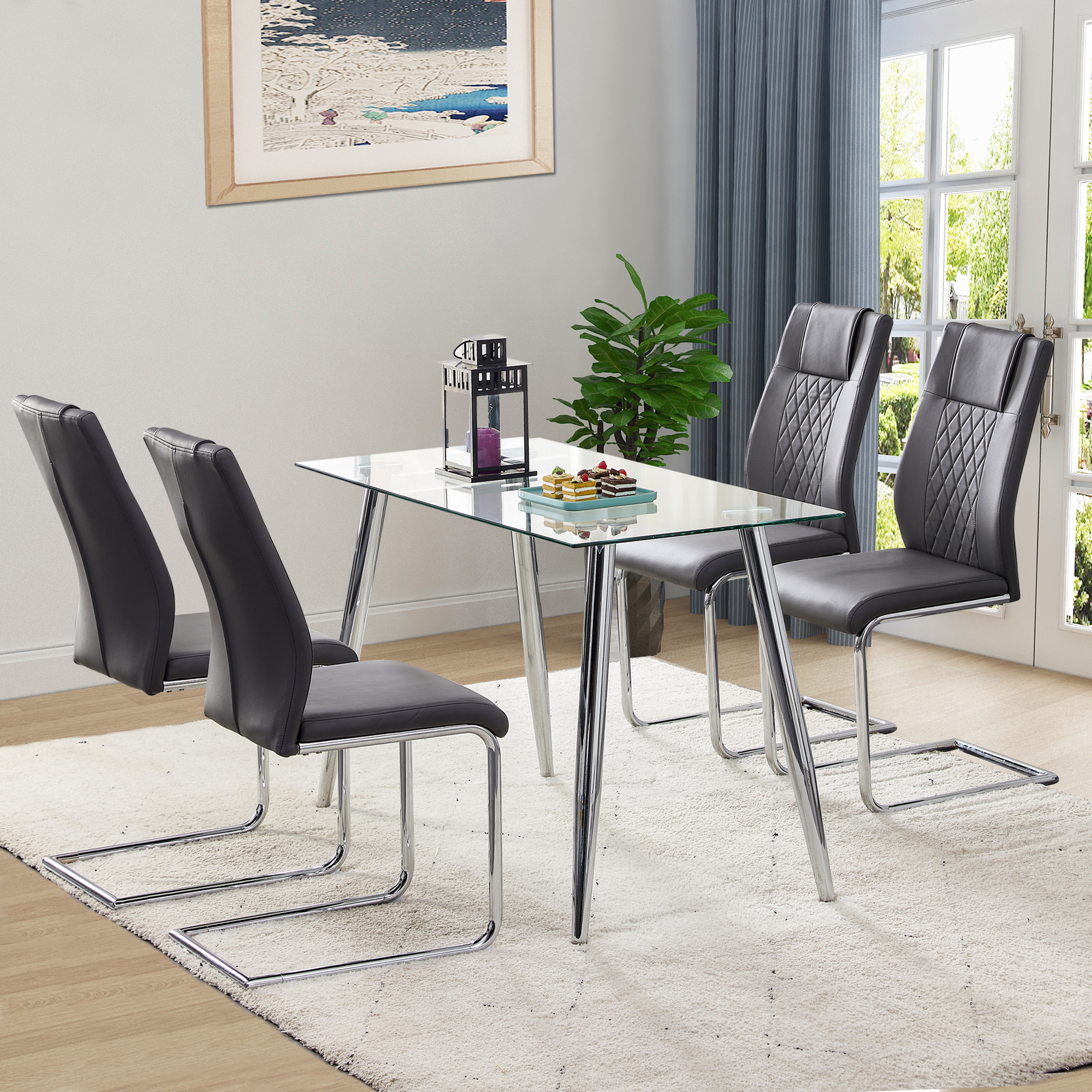 Modern Dining Chairs with Faux Leather Padded Seat Dining Living Room Chairs Upholstered Chair with Metal Legs Design for Kitchen, Living, Bedroom, Dining Room Side Chairs Set of 8 (Black+PU) C-001