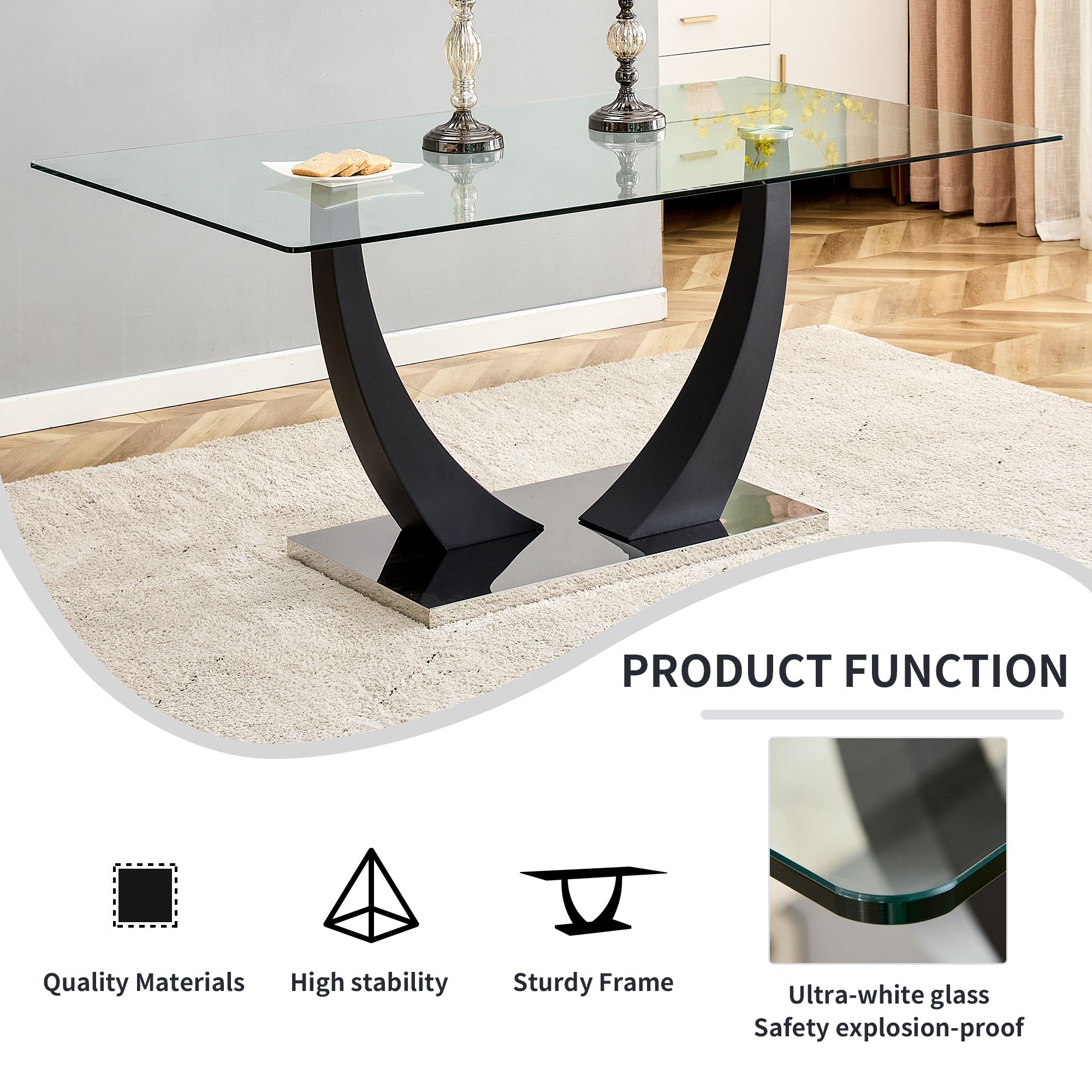 Table and chair set. Modern rectangular tempered glass tabletop, black metal bracket dining table, 4 modern PU artificial leather high backrest soft cushioned dining chairs, C-shaped tube metal leg